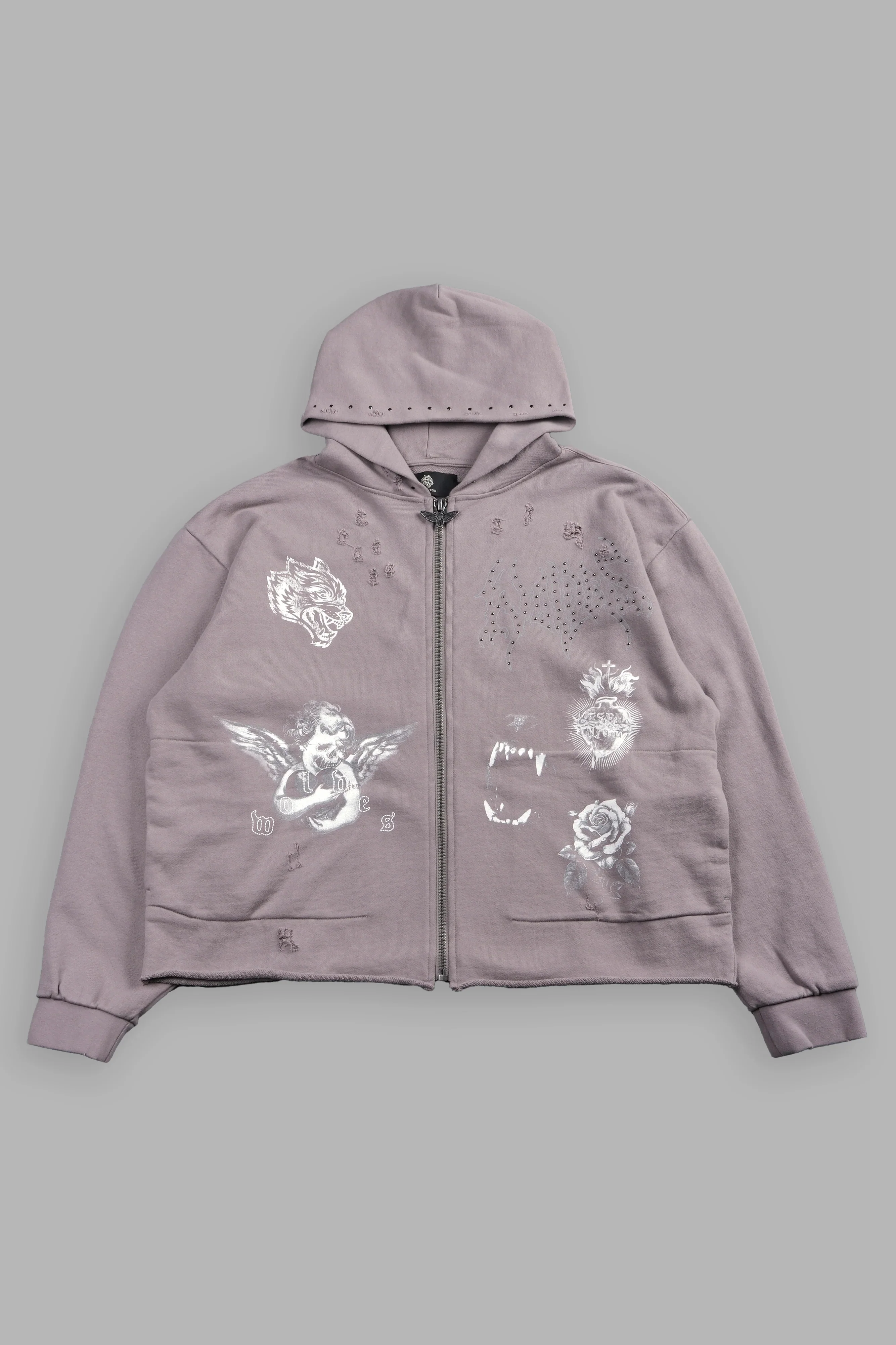 Darc Heaven Distressed Grunge Mid Length Raw Hem Zip Hoodie In Pale Gray