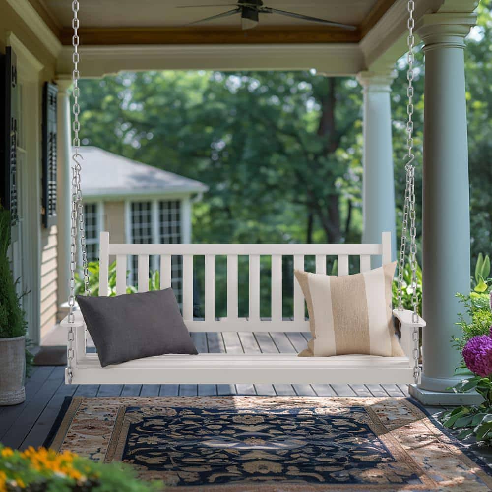 5 ft. Wood Patio Porch Swing Outdoor with Chains and Curved Bench White