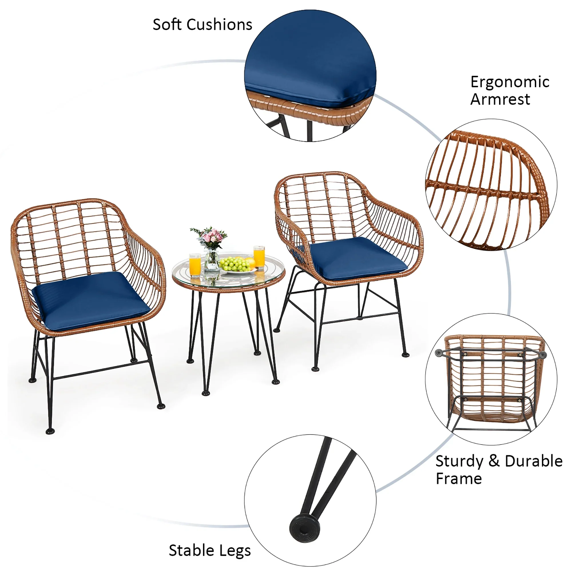 Costway 3PCS Patio Rattan Bistro Set Coffee Table Armchair Garden Red Cushion