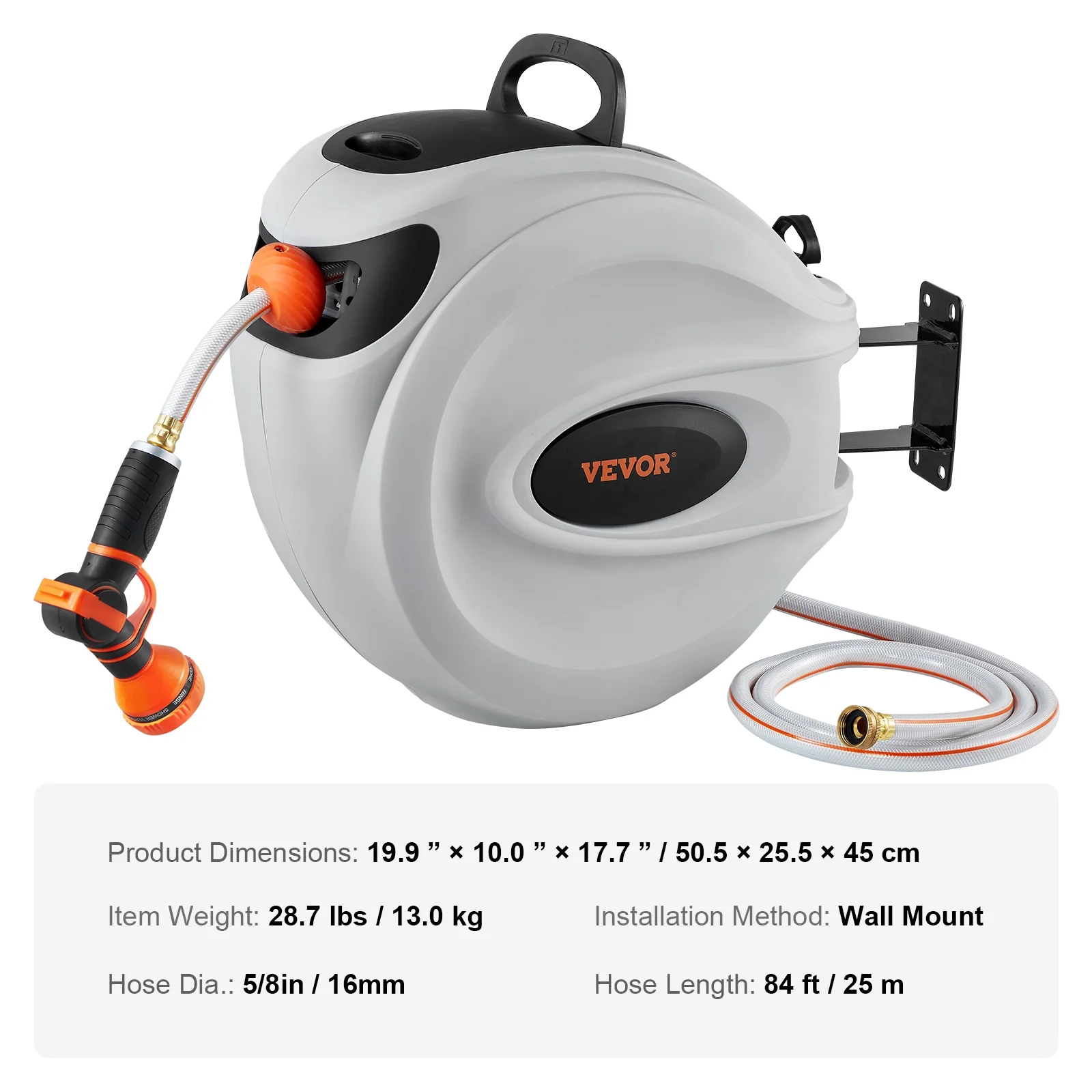 Retractable Hose Reel, 84 ft x 5/8 inch, 180�� Swivel Bracket Wall-Mounted, Garden Water Hose Reel with 9-Pattern Nozzle, Automatic Rewind, Lock at Any Length, and Slow Return System - Image 7