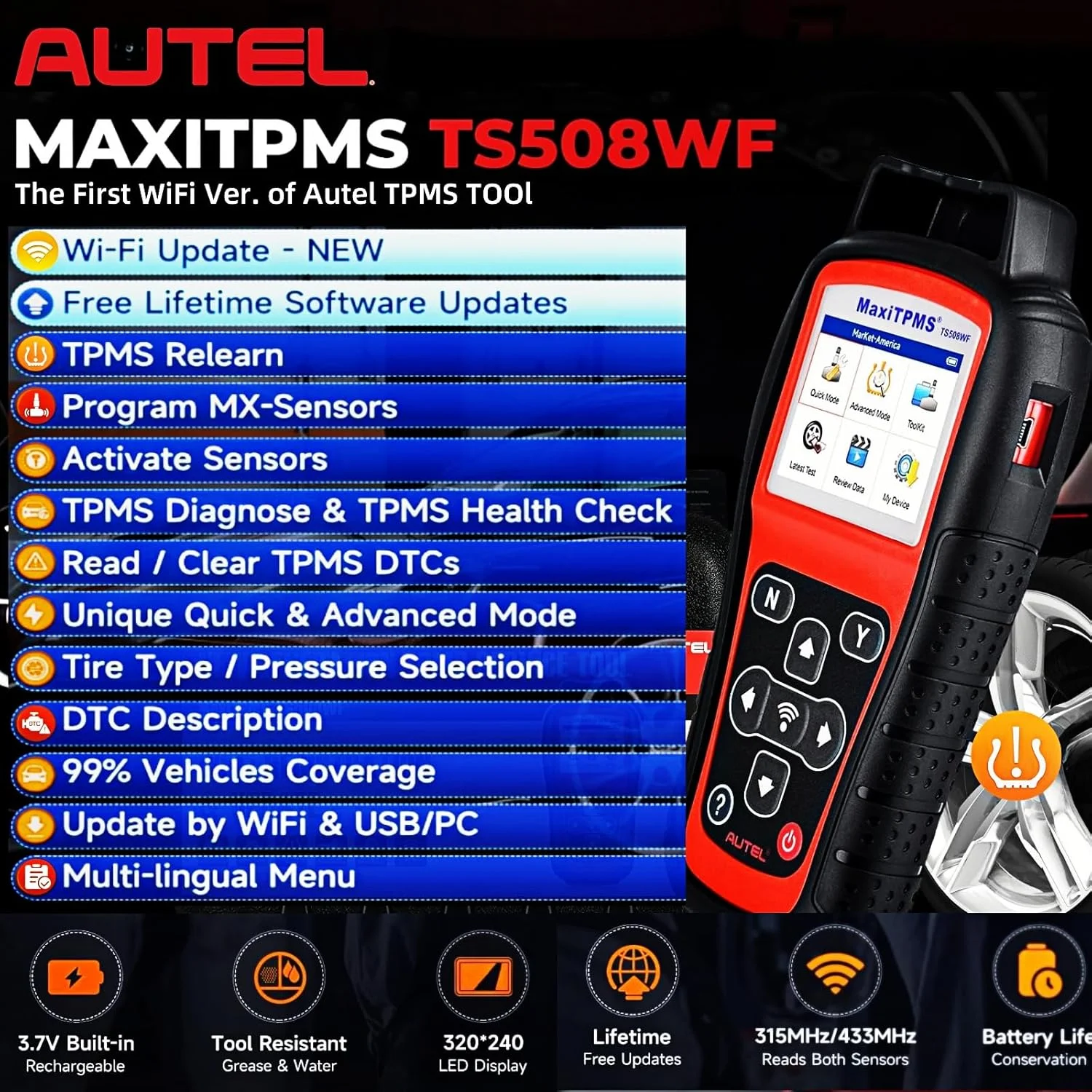 Autel Maxitpms TS508WF TPMS Relearn Tool Upgrade of TS508 TS408 TPMS Tool Activate/Relearn All Sensors Program Autel Sensors TPMS Reset/Diagnosis Read/Clear TPMS Code Free Lifetime Update