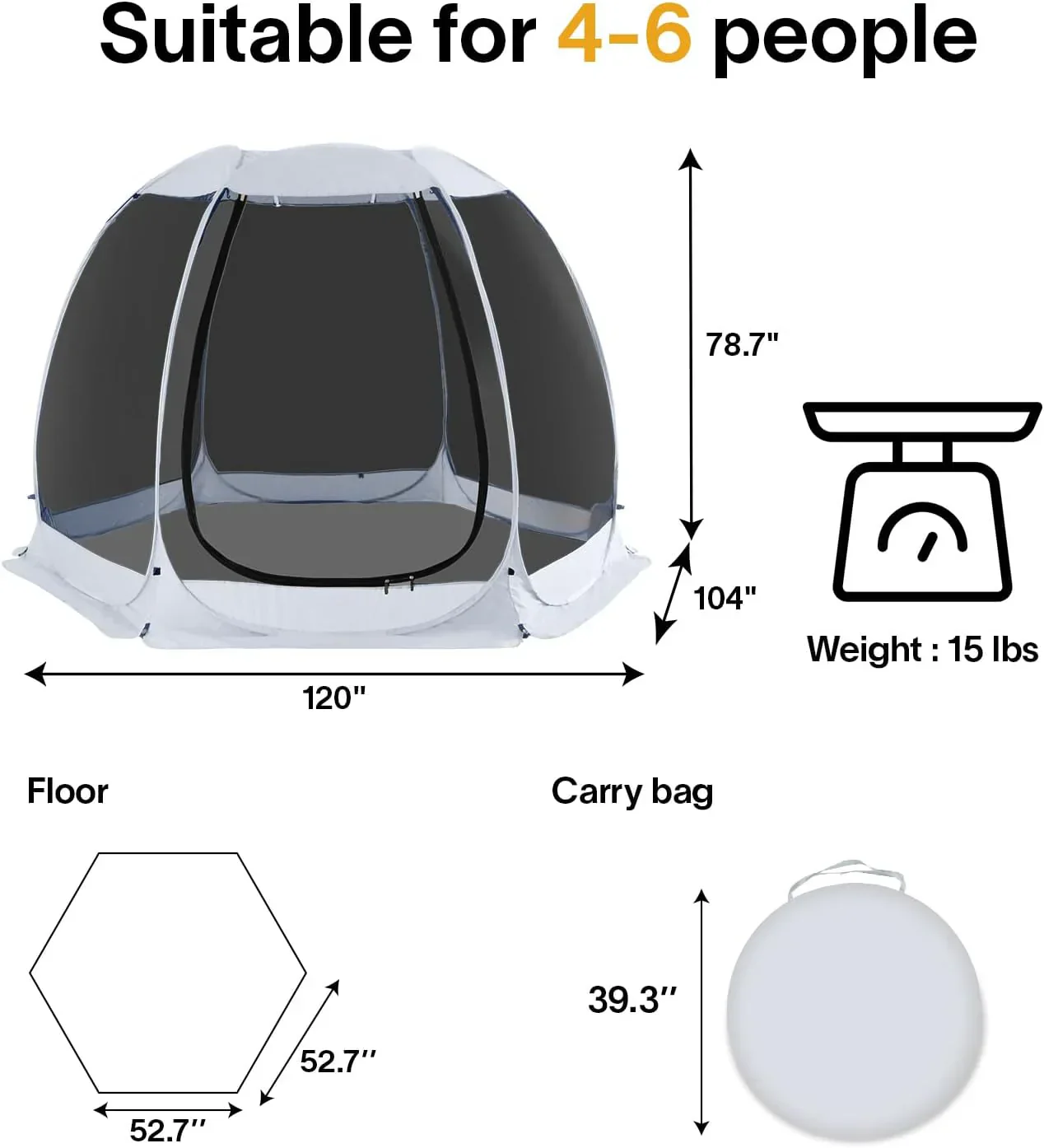 Gazebo moustiquaire pouvant accueillir 6, 10 ou 15 personnes. Tente de style igloo avec moustiquaire latérale. Idéal