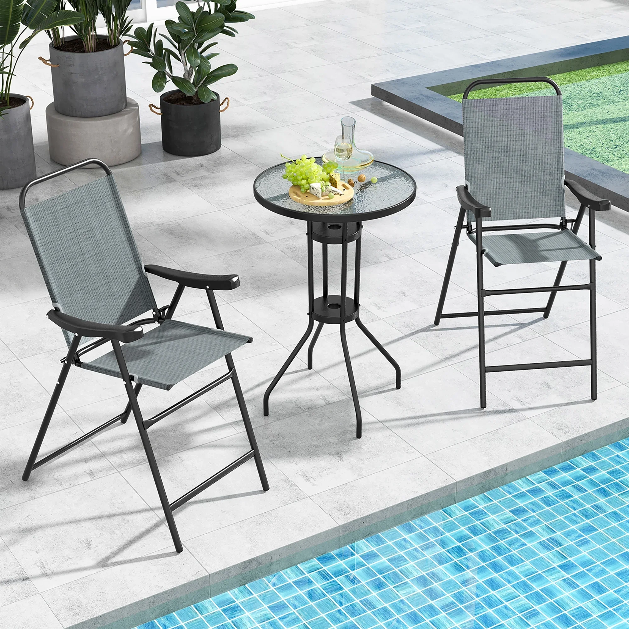Gymax 4 PCS Patio Bar Chair Folding Bar Height Metal Frame w/ Footrest Garden Blue