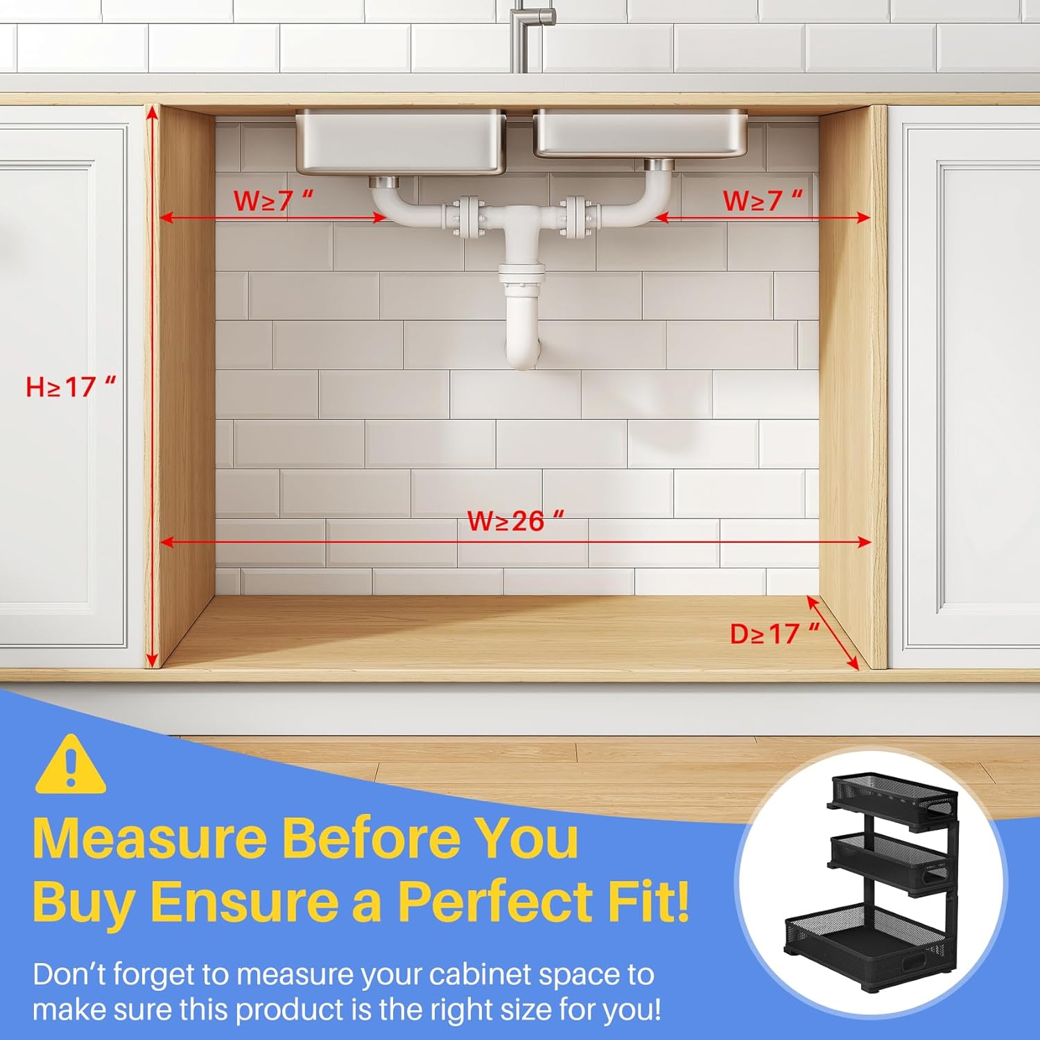 Under Sink Organizer, 3-Tier Thickened Metal Pull Out Cabinet Organizer Shelf, Height Adjustable Slide Out Storage Drawer Rack for Kitchen Bathroom Pantry Laundry Home Organization, 2-Pack, Black