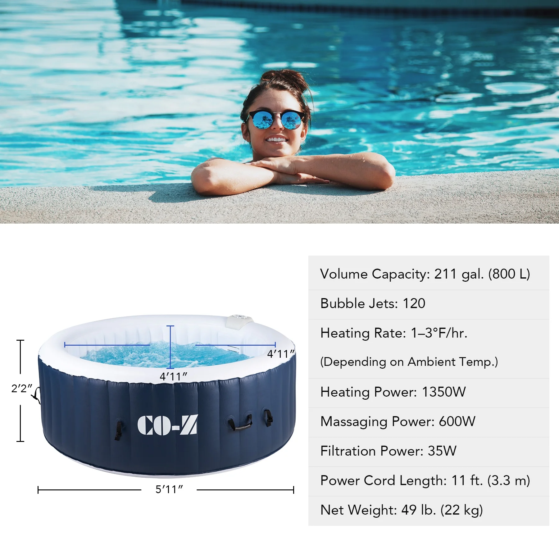 CO - Z Luxury Inflatable Hot Tub, 2 - 4 Adults, PVC, 120 Jets, Blue, 49 lb