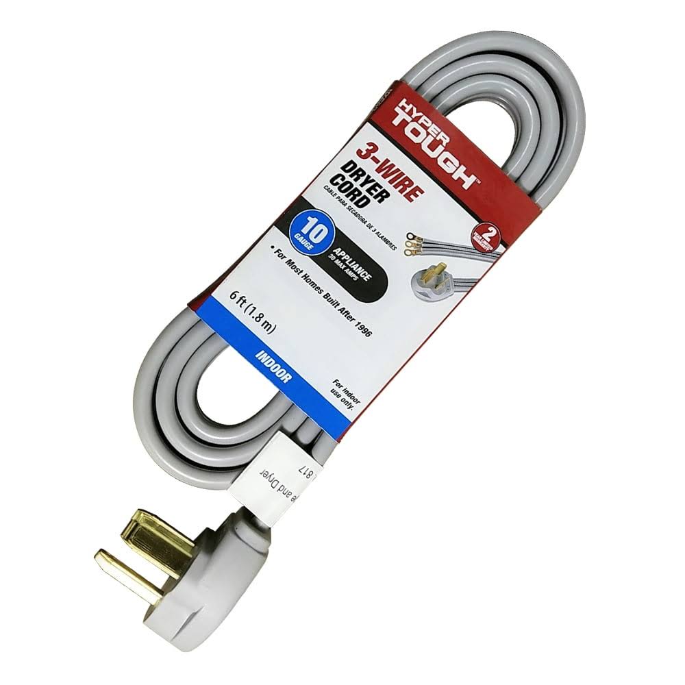 Hyper Tough 6ft 10AWG 3 Prong Gray Indoor Dryer Appliance Cord 6'