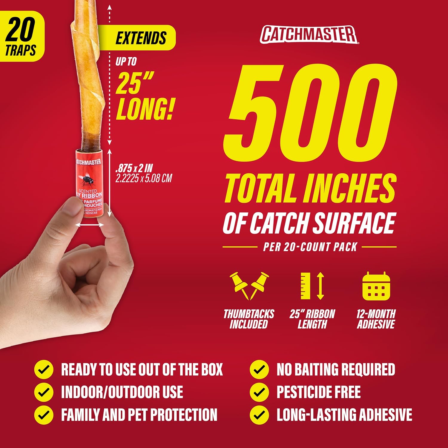 Catchmaster Fly Ribbon 20 Pack, Fly Strips Indoor Sticky Hanging Fly Tape| 20 Hanging Sticky Fly Ribbons for Kitchen, Garage & Barn, Pesticide-Free Fly Paper Catches Flies & Gnats on Contact