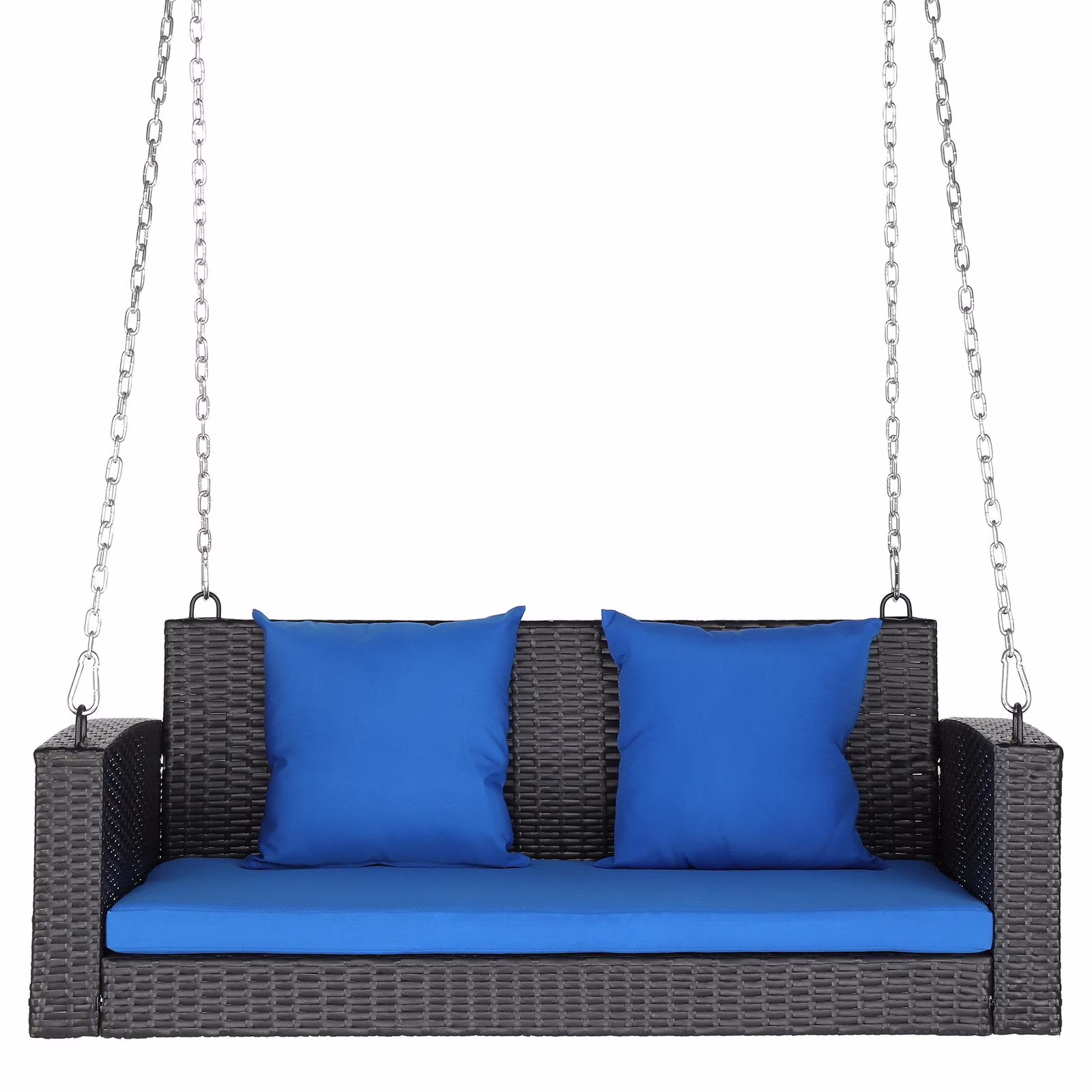 Zimtown Patio Rattn Wicker Swing, Outdoor Bench w/ Blue Cushion, Outdoor Seat Garden Swing for 2 Person