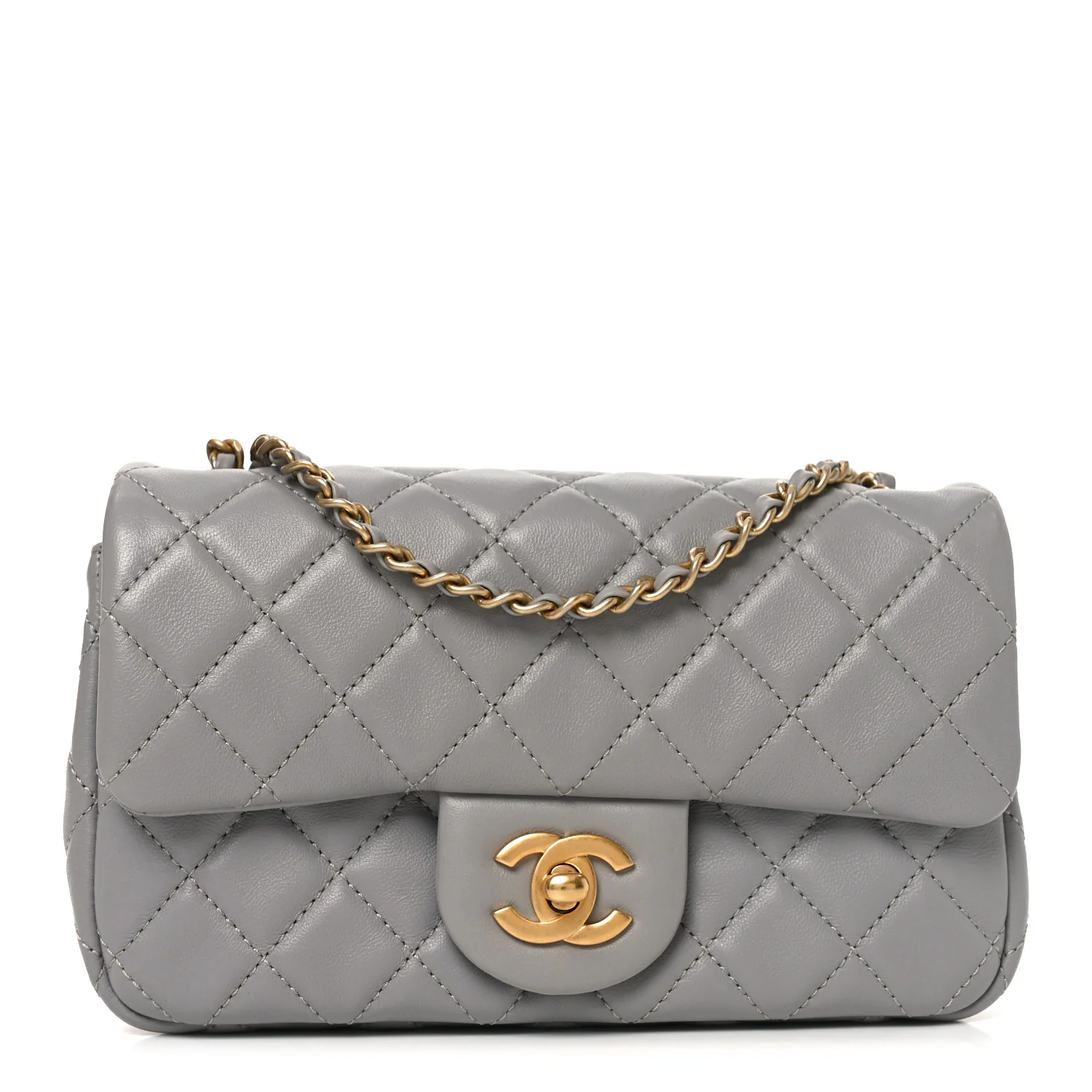 Lambskin Quilted Mini Rectangular Pearl Crush Flap Grey