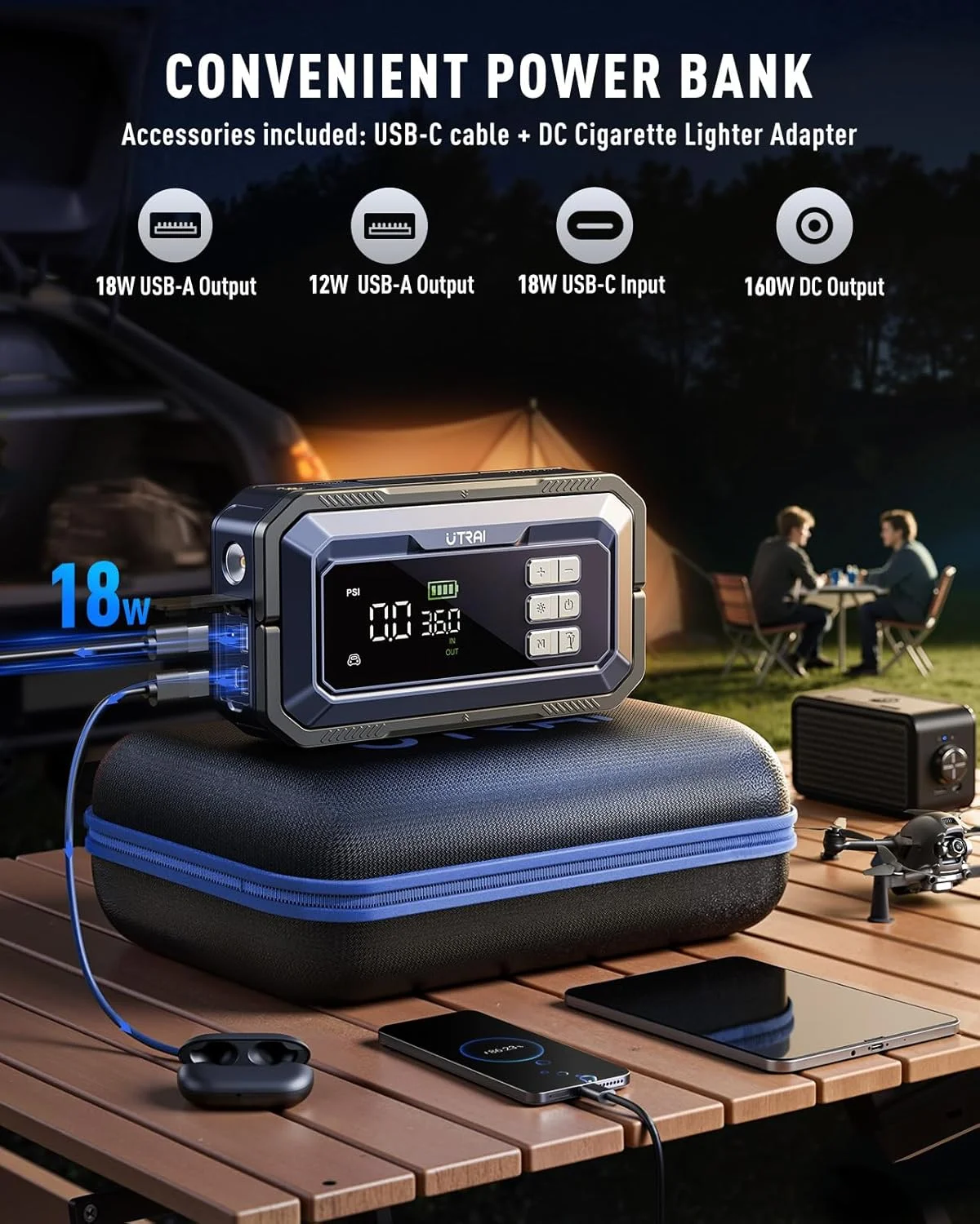 7000A Car Jump Starter with Smart OBD for All Gas and 12V Diesel, 150PSI Car Air Compressor, 18W Quick Charge, LED Spotlight - Image 4