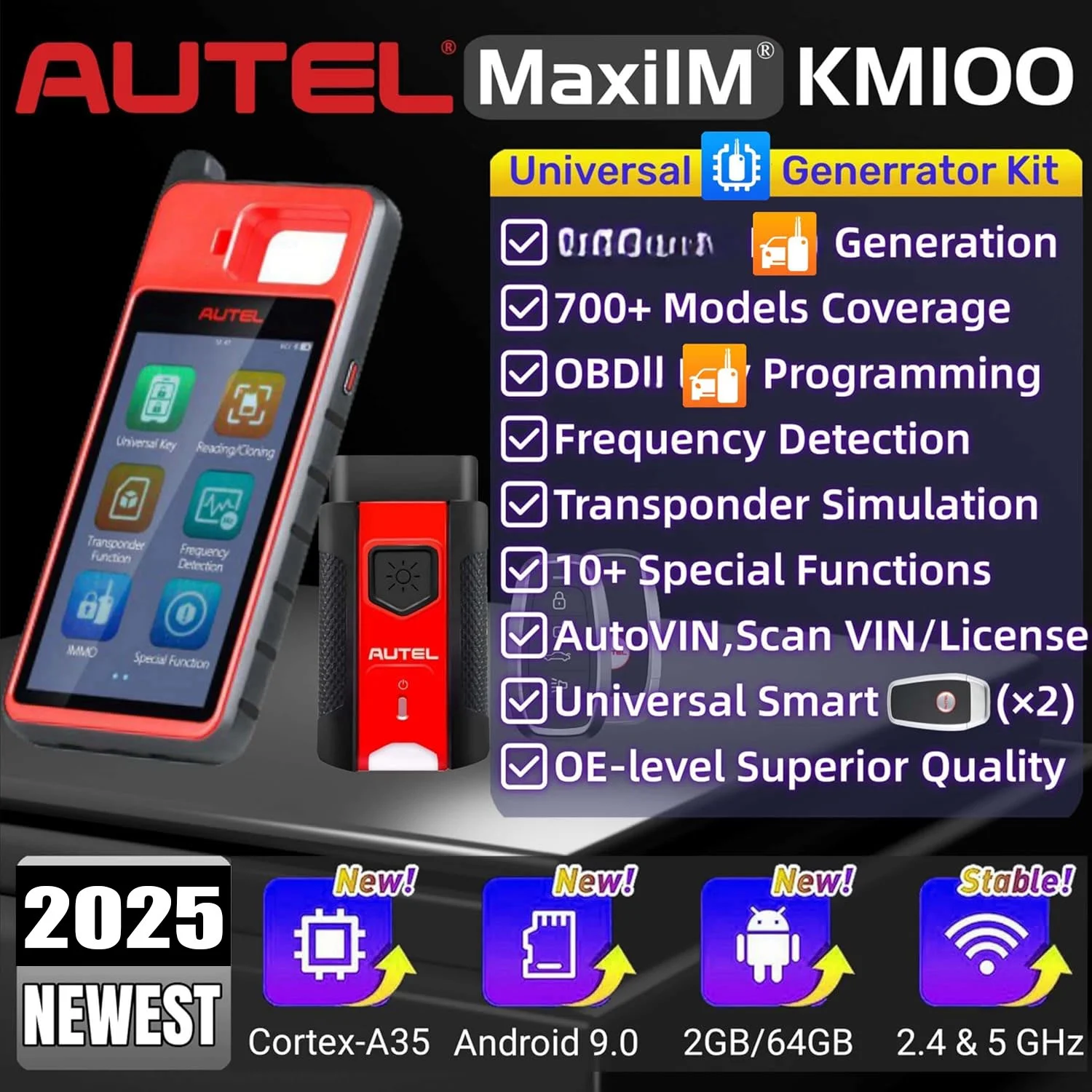 Autel Maxiim KM100 Key Fob Programmer Immobilizer Tool with 2pcs Blank IKEY 60s Key Generation OBD IMMO/Key Learning Transponder Editing Chip Read/Write/Clone Frequency Detection Lite IM508 IM608 PRO