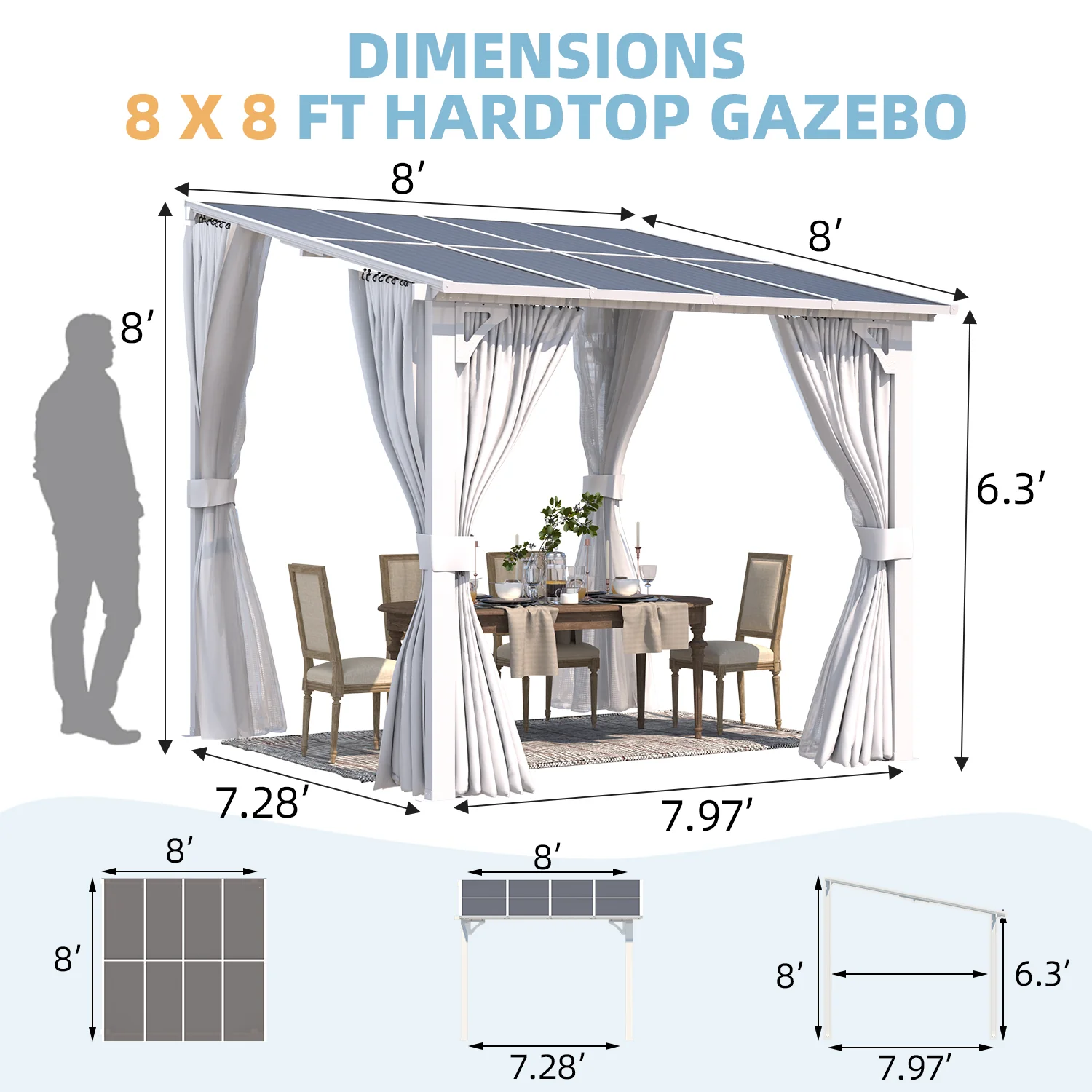 AECOJOY 8'x8' Wall Gazebo with Curtains and Mosquito Netting, White