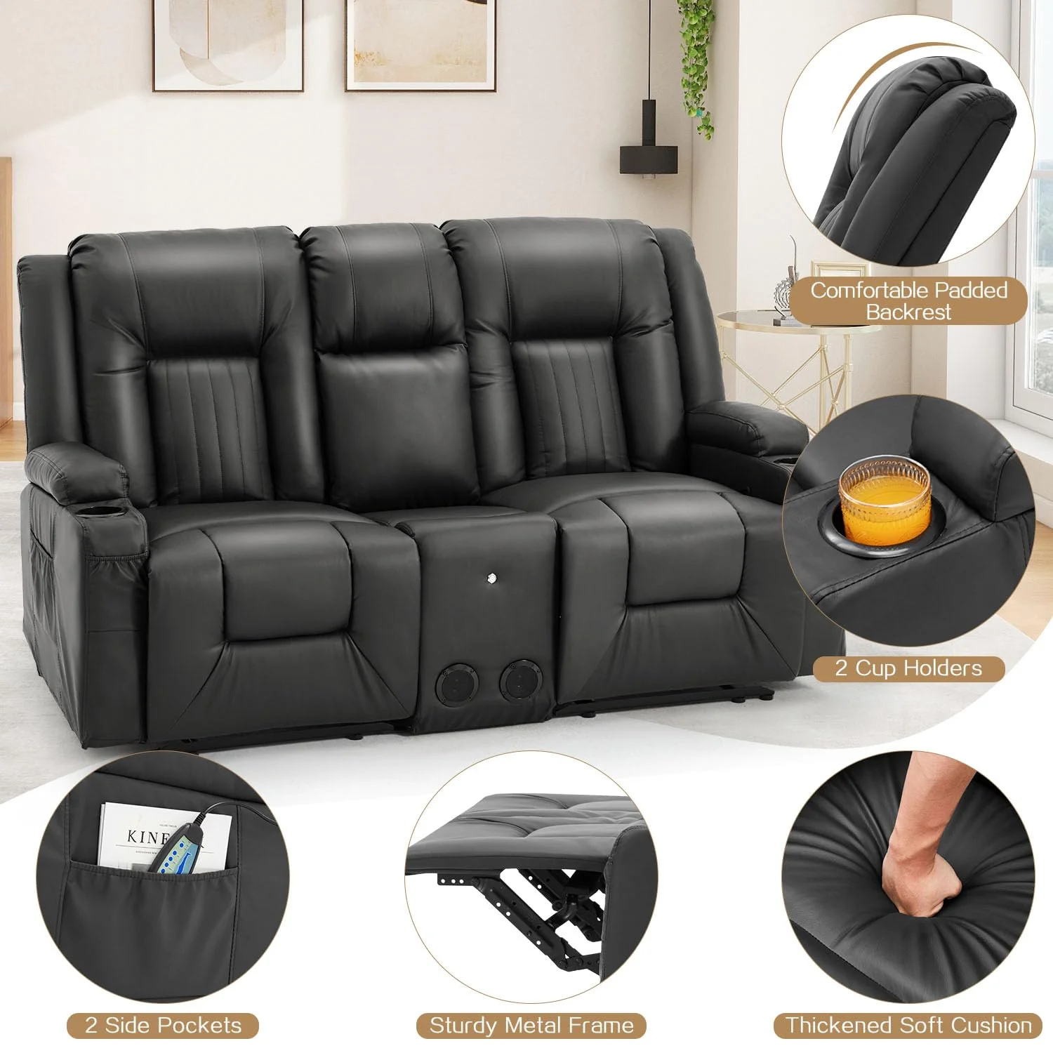 AECOJOY Recliner Loveseat with Console&Bluetooth Speakers, Manual RV Reclining Sofa, Black