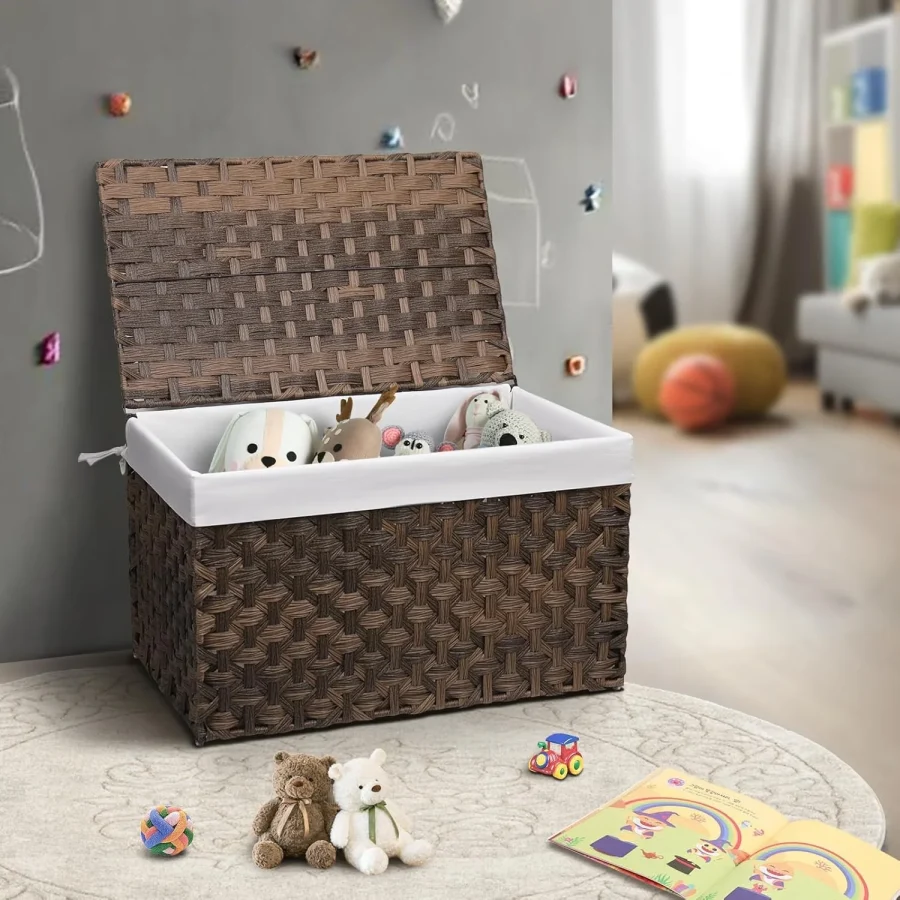Wicker Storage Basket With Lid, 27.7 Gallon (105l) Large Blanket Basket With Lid, Woven Storage Bin With Handles, Removable Liner, Metal Frame