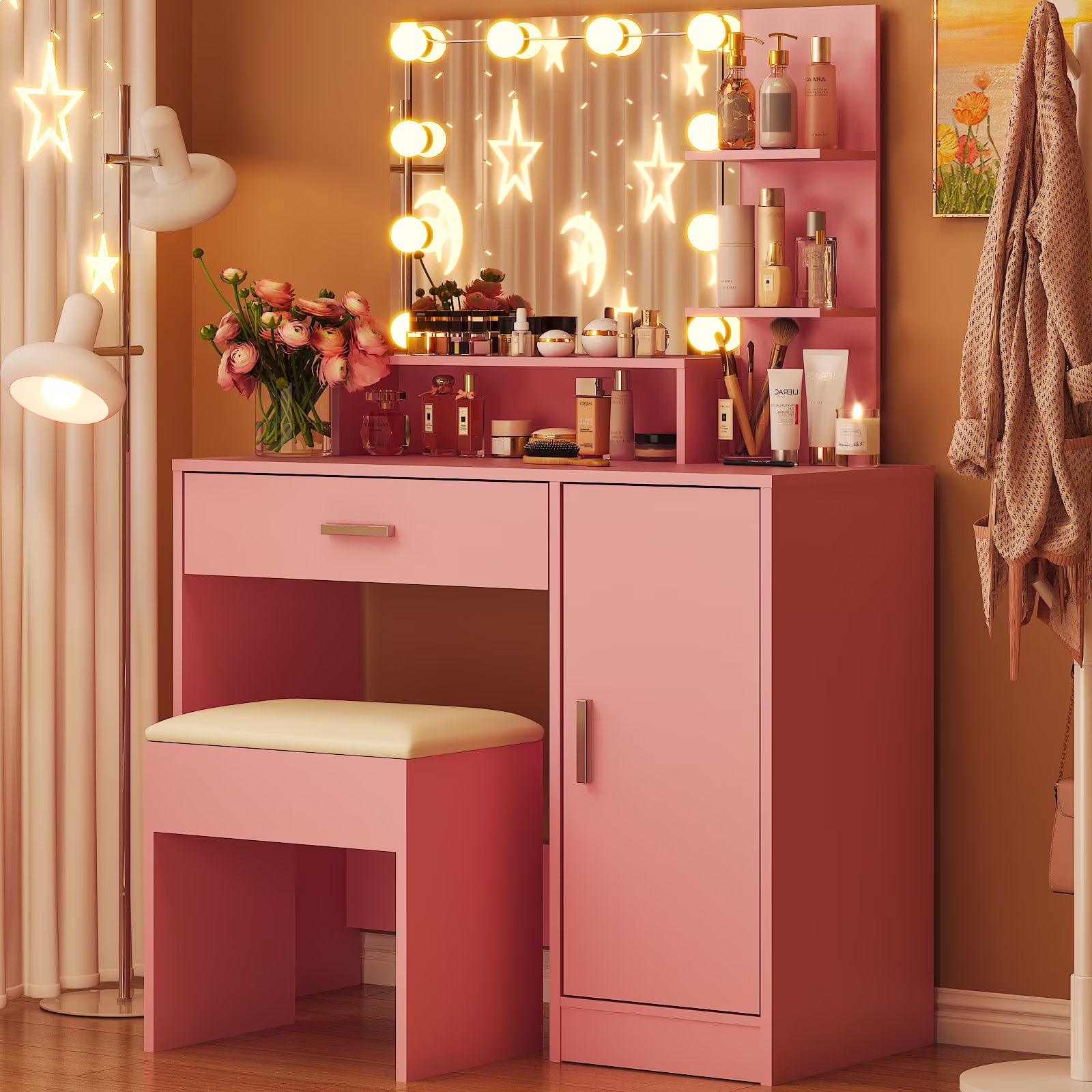 Vanity Set with 3 Color Lighted Mirror, Makeup Table with 3 Storage Shelves Drawers, Dressing Table Makeup Desk with Stool,White(White) - Image 3