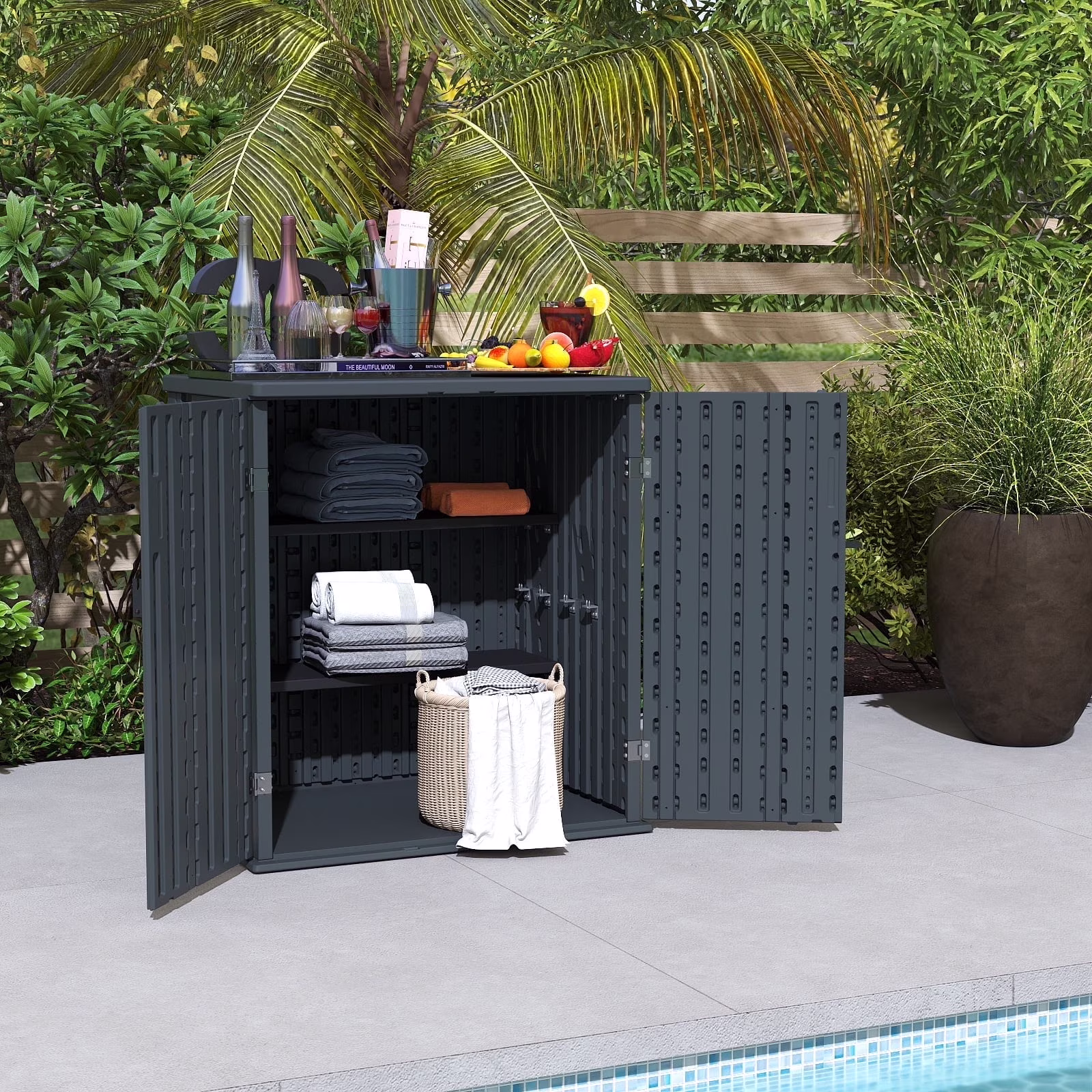 ZYJOYY 15 Cu.Ft Resin Outdoor Storage Shed with Floor & 2 Shelves, Lockable Waterproof Backyard Horizontal Cabinet for Patio, Garden Tools & Equipment,Sage Grey