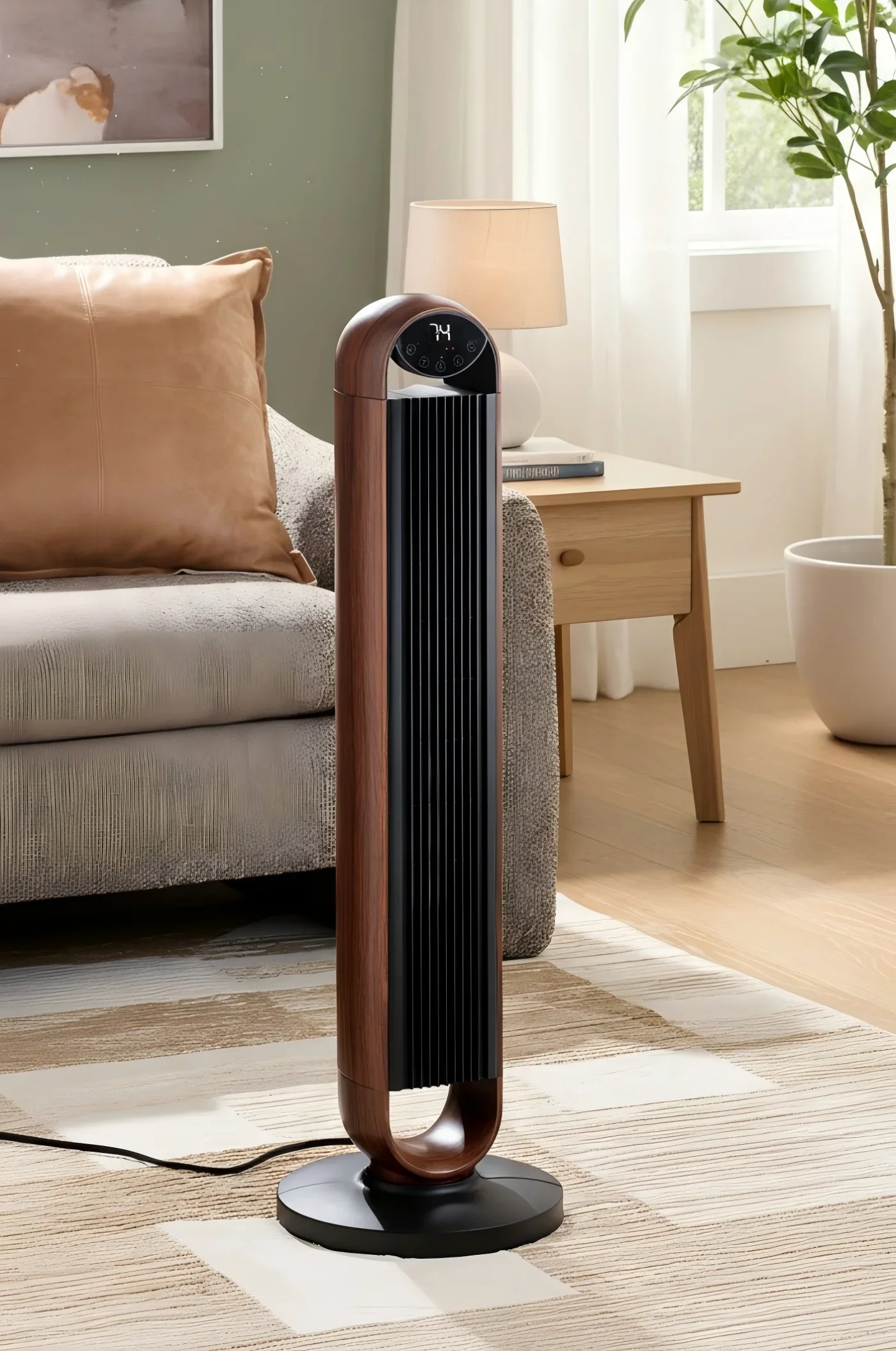Better Homes & Gardens 36'' 1500W Electric 3 Heat Settings Oscillating Tower Heater with Remote Control, 12H Timer, Walnut & Black