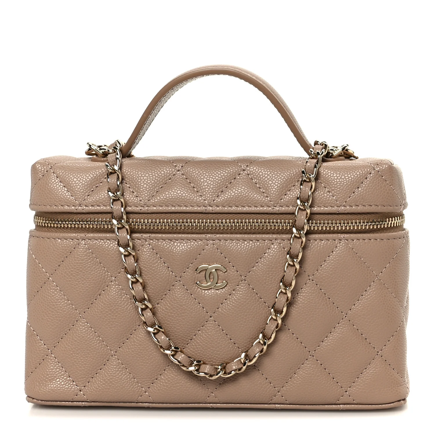 Caviar Quilted Top Handle Slim Vanity With Chain Dark Beige