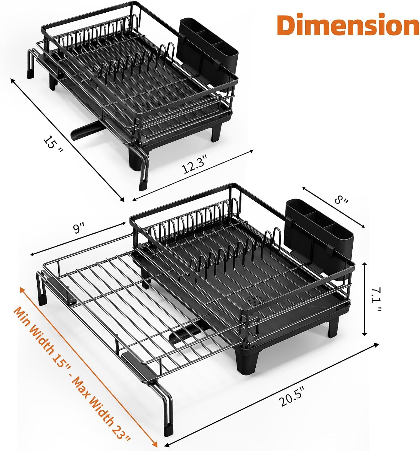 Urackify Expandable Sink Dish Drying Rack for Kitchen Counter, 1-Tier Black