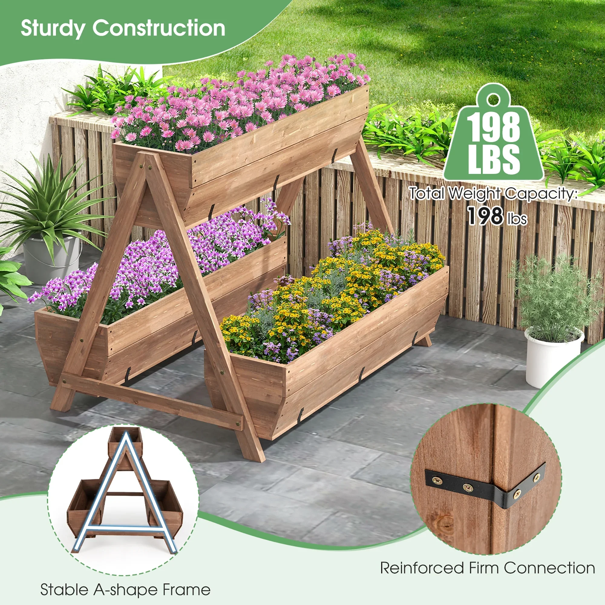 Gymax Vertical Raised Garden Bed Wood Tiered Plant Stand w/ 3 Planter Containers