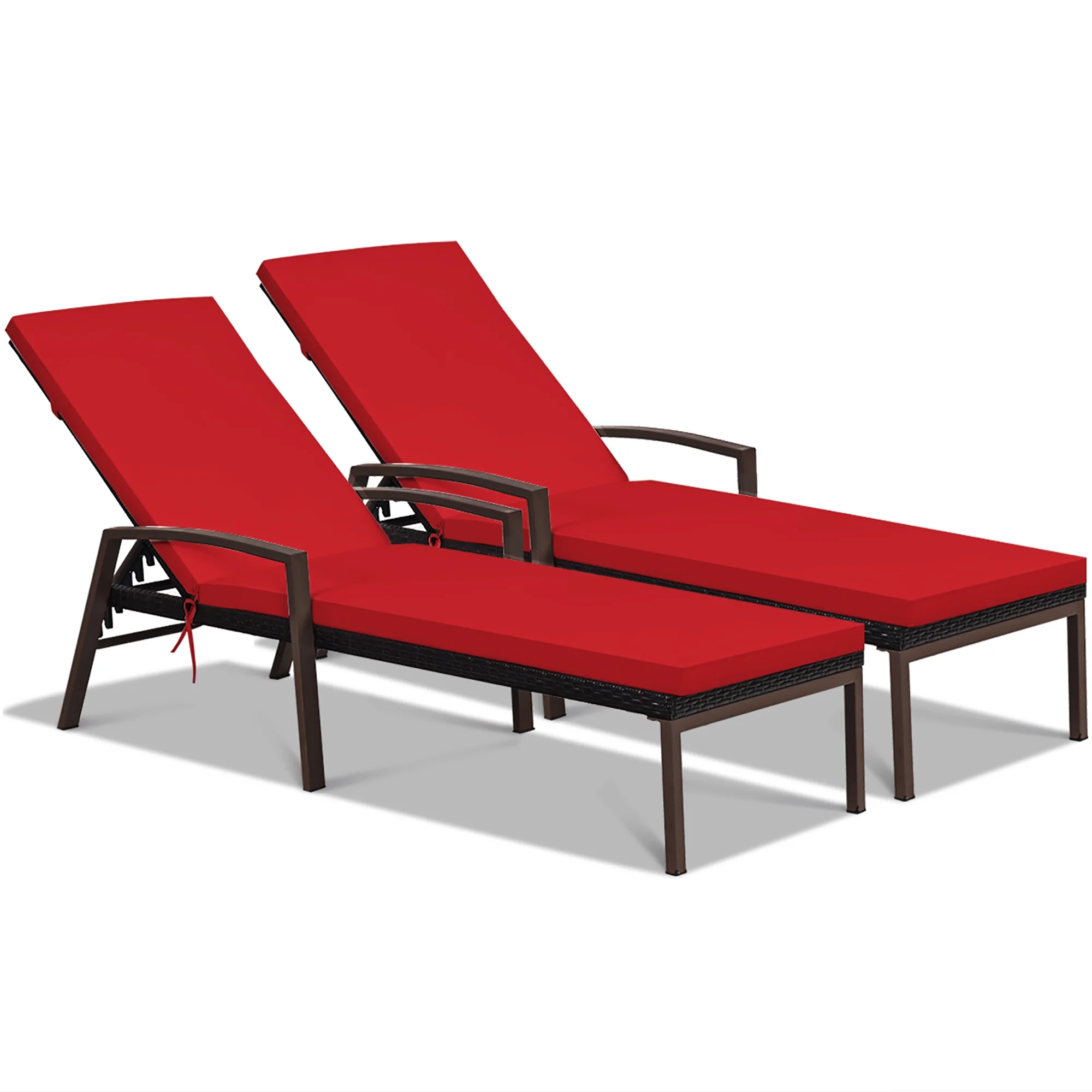 2PCS Patio Rattan Lounge Chair Chaise Recliner Back Adjustable Cushioned Red(Red) - Image 10