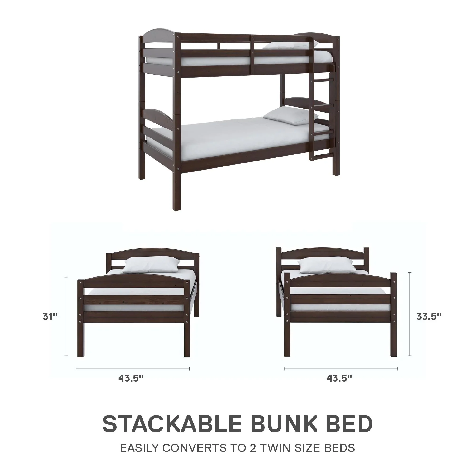 Better Homes & Gardens Leighton Solid Wood Twin-over-Twin Convertible Bunk Bed, Vanilla