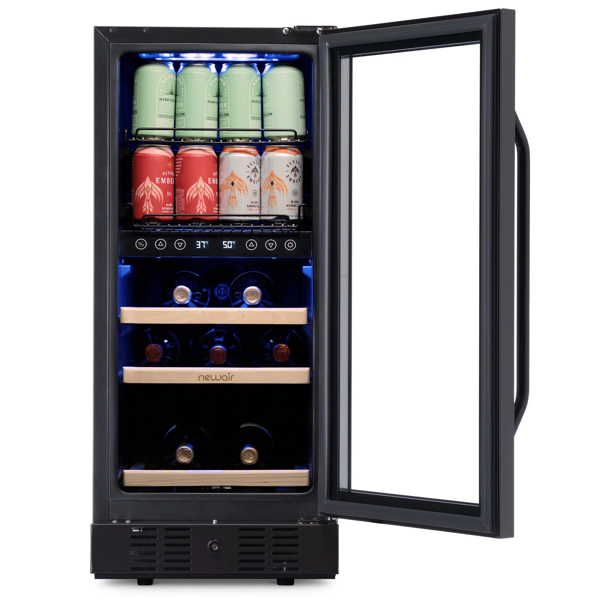 Newair 48-Can, 13-Bottle Built-in Dual Zone Black Beverage Fridge - 15