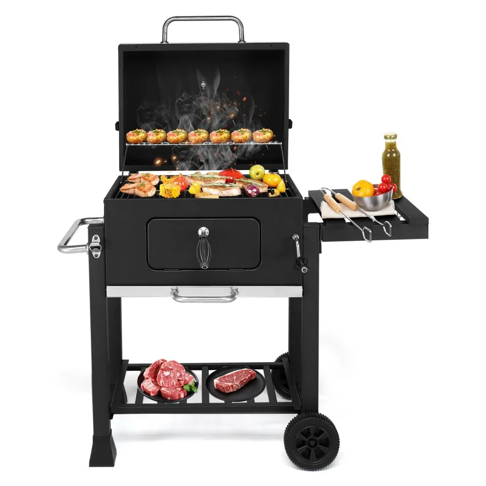 IVV Outdoor Charcoal Grill with Foldable Side Table, Moveable BBQ Grill w/ Built-in Thermometer, Removeable Ash Rray Perfect for Picnics Patio Garden and Backyard Grilling, Black