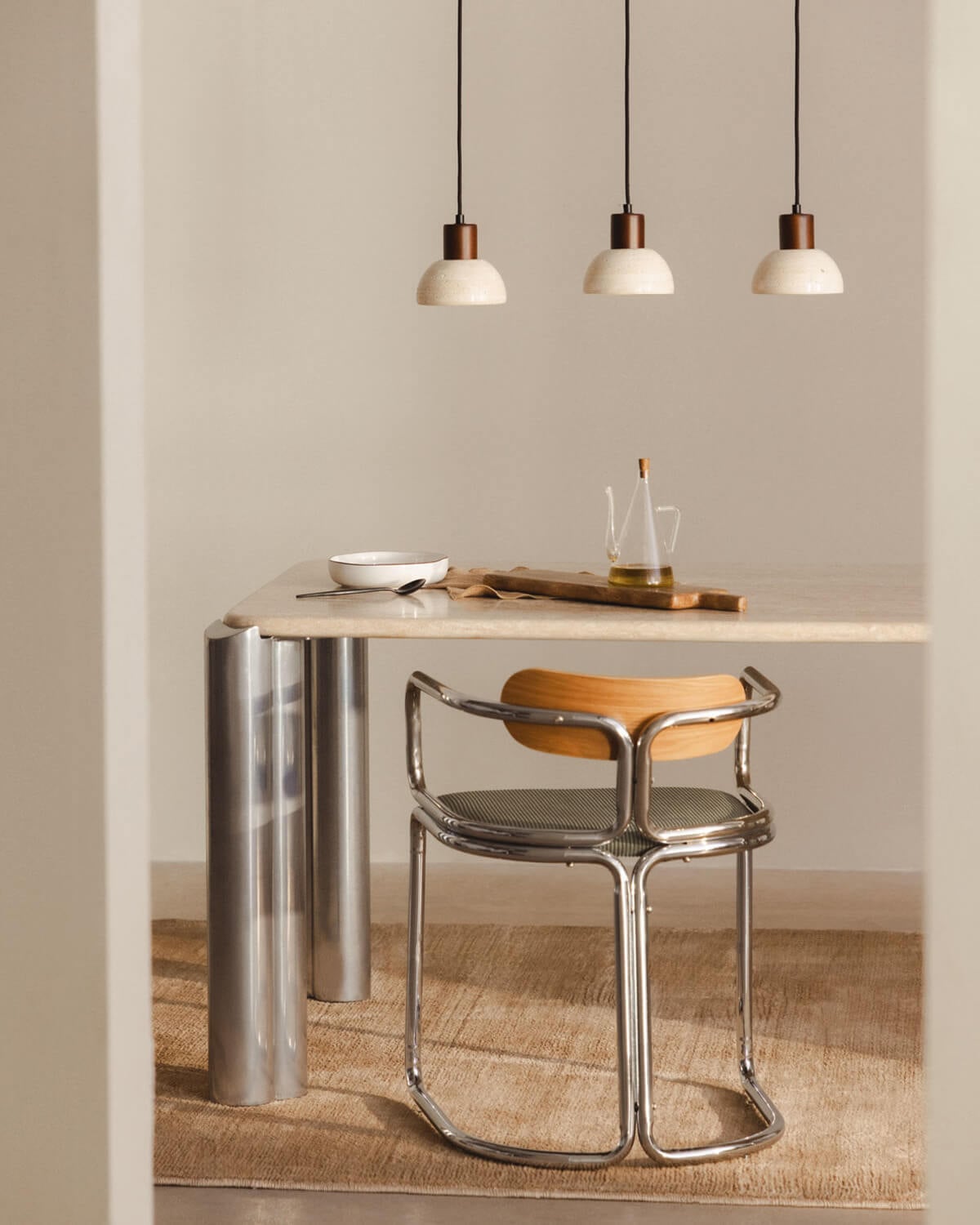 May - Lámpara de Techo 3 Puntos de Luz de Mármol Travertino y Madera May