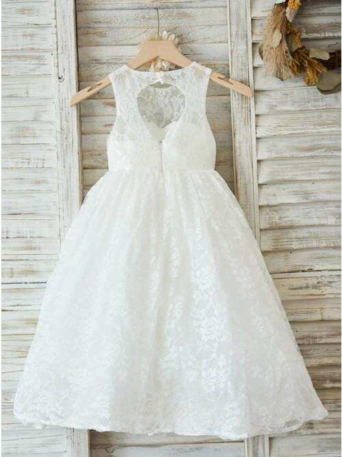 A-Line Jewel Open Back White Lace Flower Girl Dress DMP28