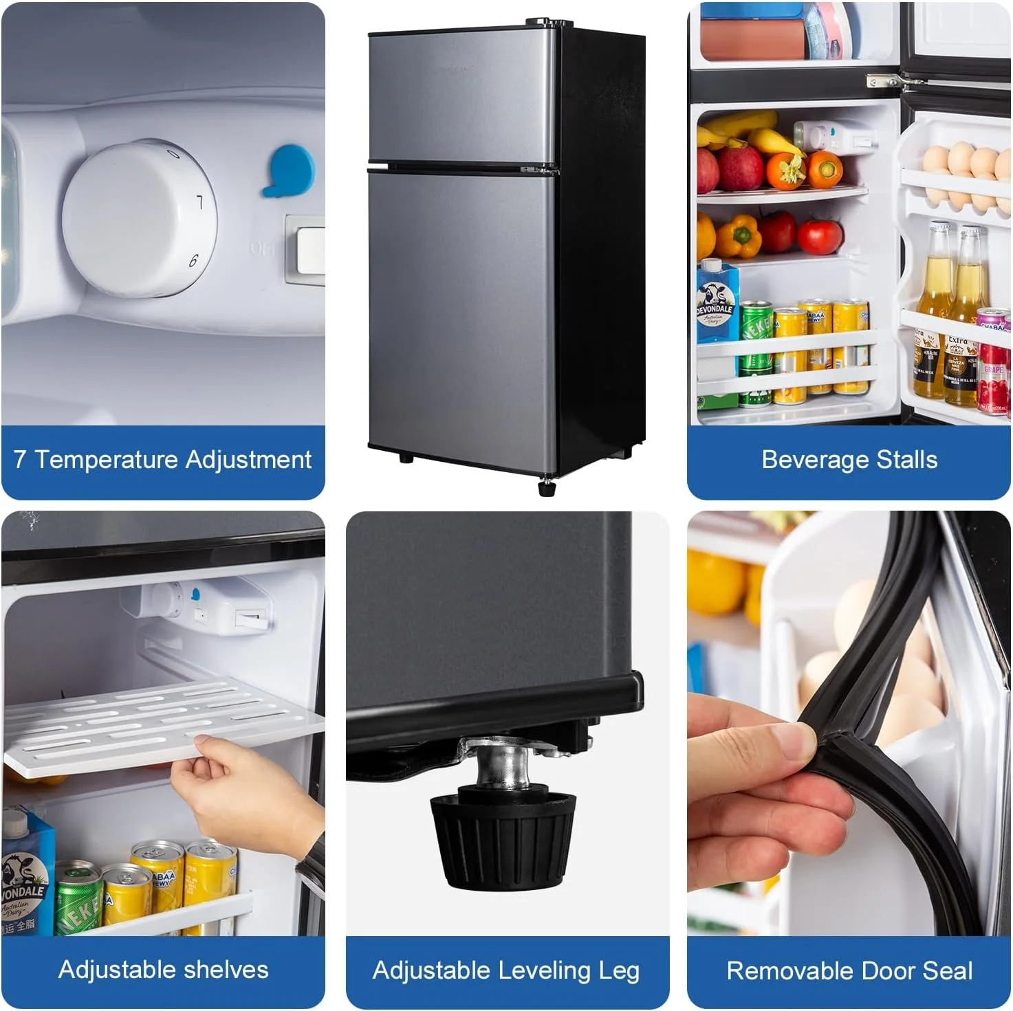 Mini Fridge with Freezer, 2.5 Cu.ft Small Fridge, Low Noise,7 Adjustable Thermostat, Double Door Small Refrigerator for Dorm, Bedroom, Office, Blue - Image 6