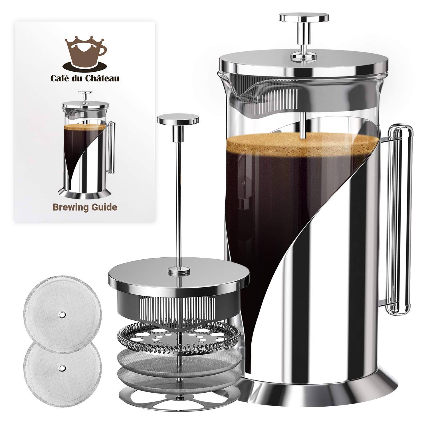 Cafe du Chateau French Press Coffee Maker (34 oz), 4 Level Filtration