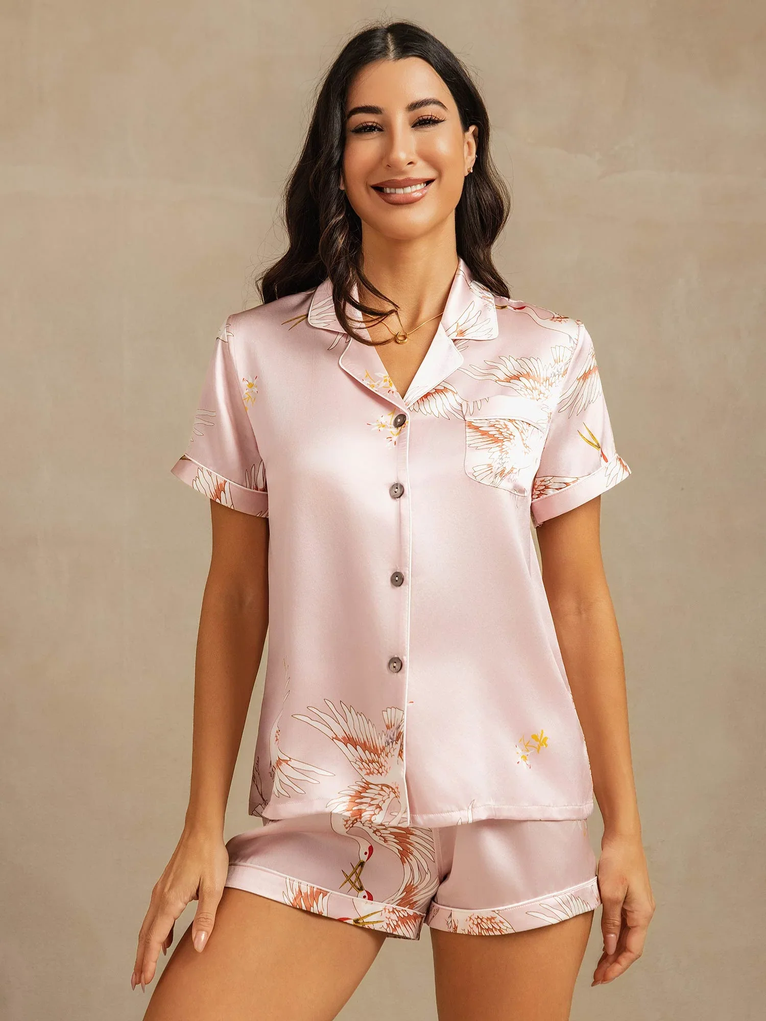 19Momme Women's Pure Silk Crane Print Short Sleeve Notch Collar Pajamas Set