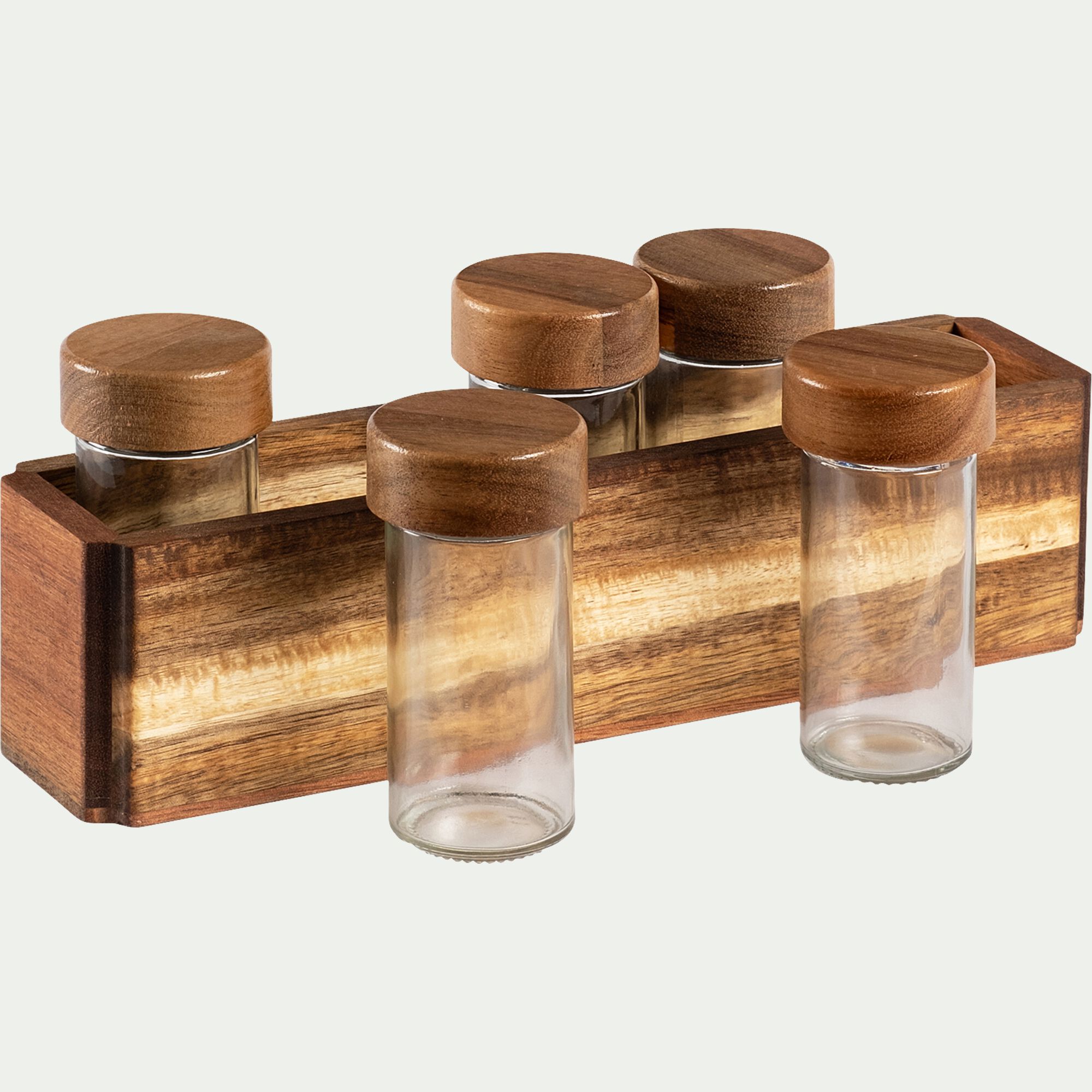 ALISO - Lot de 5 pots à épices en verre avec support en acacia - transparent