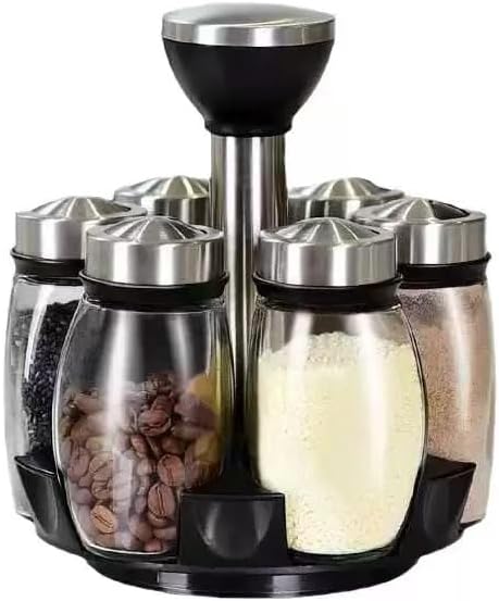 Kitchen rotating spice rack storage set, 360 degree rotating bracket, 6 glass jars, blank labels, space-saving storage solution, suitable for kitchen and table use