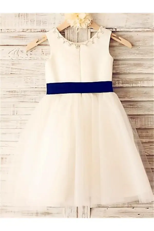 Ivory A-line Scoop Sleeveless Bowknot Tea-Length Tulle Flower Girl Dresses With Belt DM713