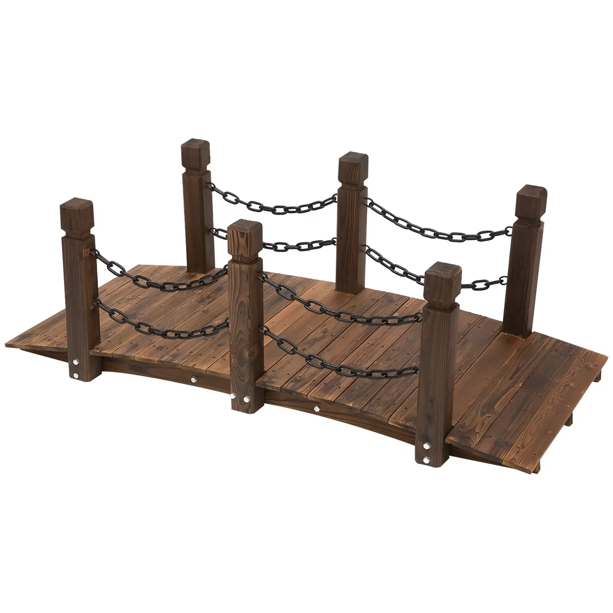 5 ft Wooden Garden Bridge Arc Footbridge with Metal Chain Railings & Solid Fir Construction