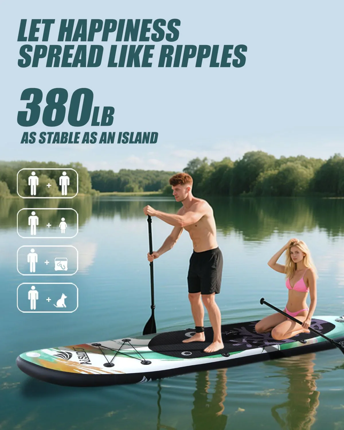Planche de SUP gonflable large avec sac de transport, pompe à main et sac étanche de 10 L