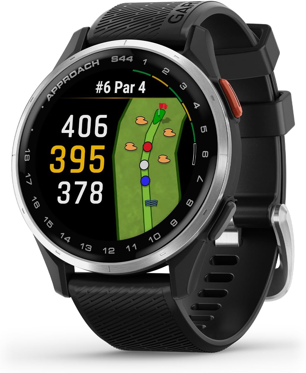Garmin Approach® S44  Essential Golf GPS Smartwatch  AMOLED Display  On-Course Features  Silver Aluminum Bezel with Black Silicone Band