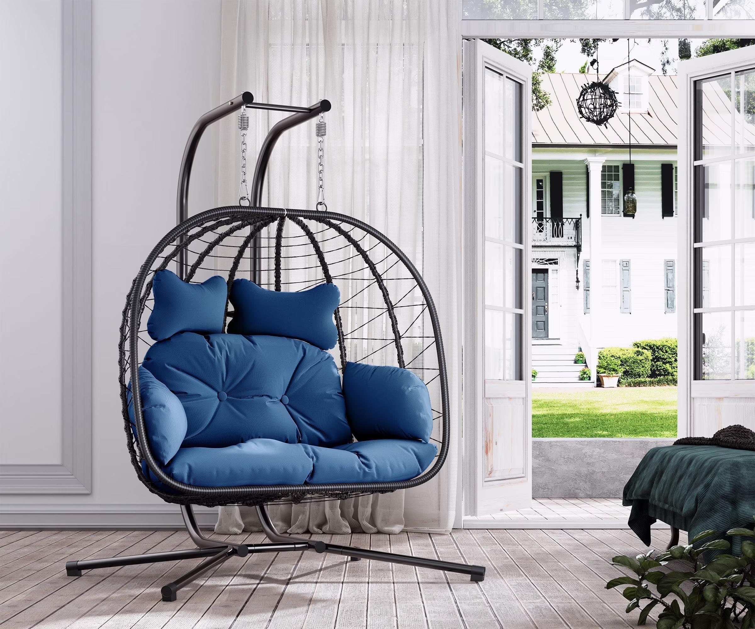 Double Wicker Swing Egg Chair Hammock Foldable Hanging Loveseat with Stand, UV Resistant Removable Cushions, 700LBS Capacity for Bedroom, Balcony (Black and Beige)(Black and Beige) - Image 3