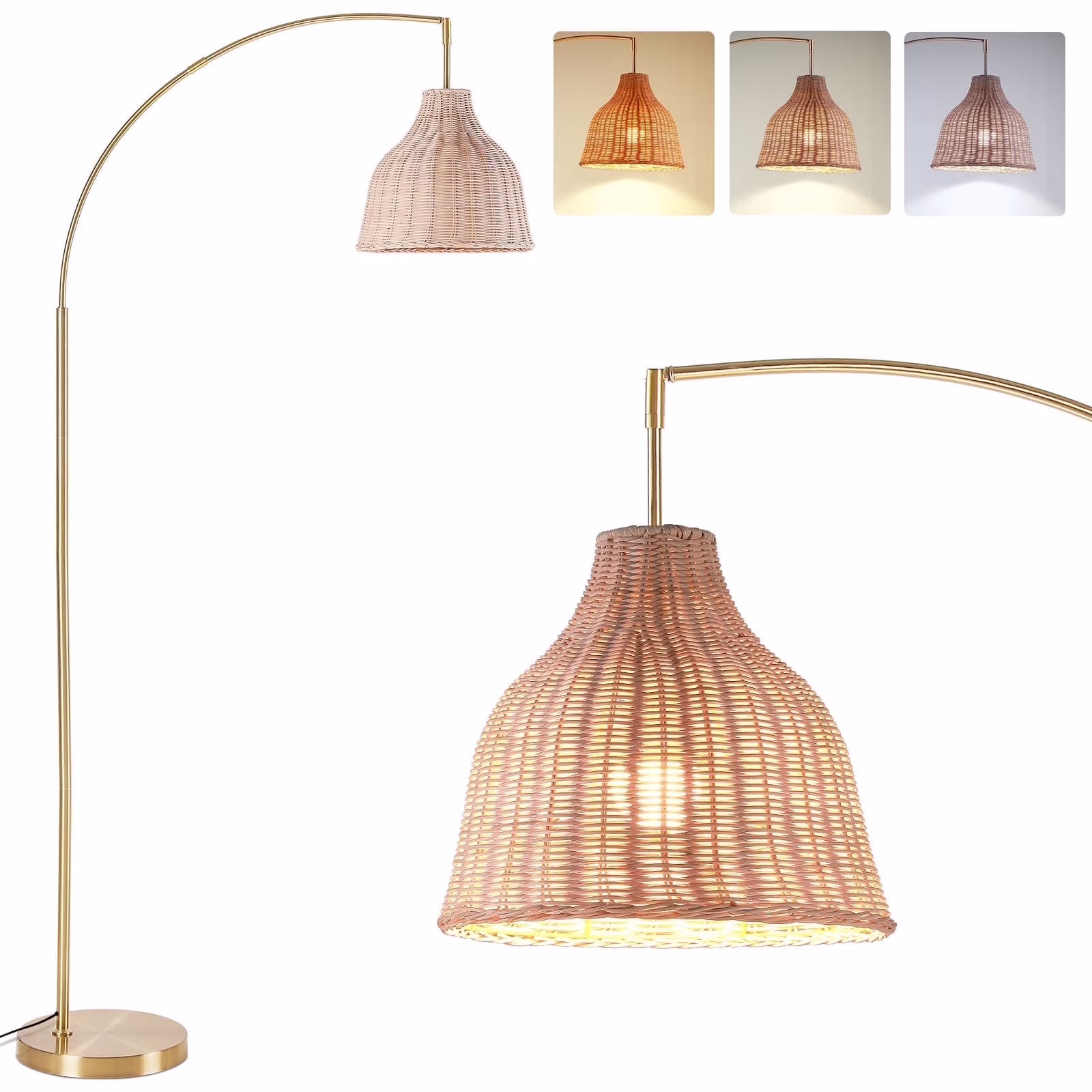 72 inch Arched Rattan Floor Lamp, Fabric Retro Boho Farmhouse Rustic Standing Lamp for Living Room, Bedroom, Office, 9W Foot Switch 3 Color Temperature, Gold(Gold)