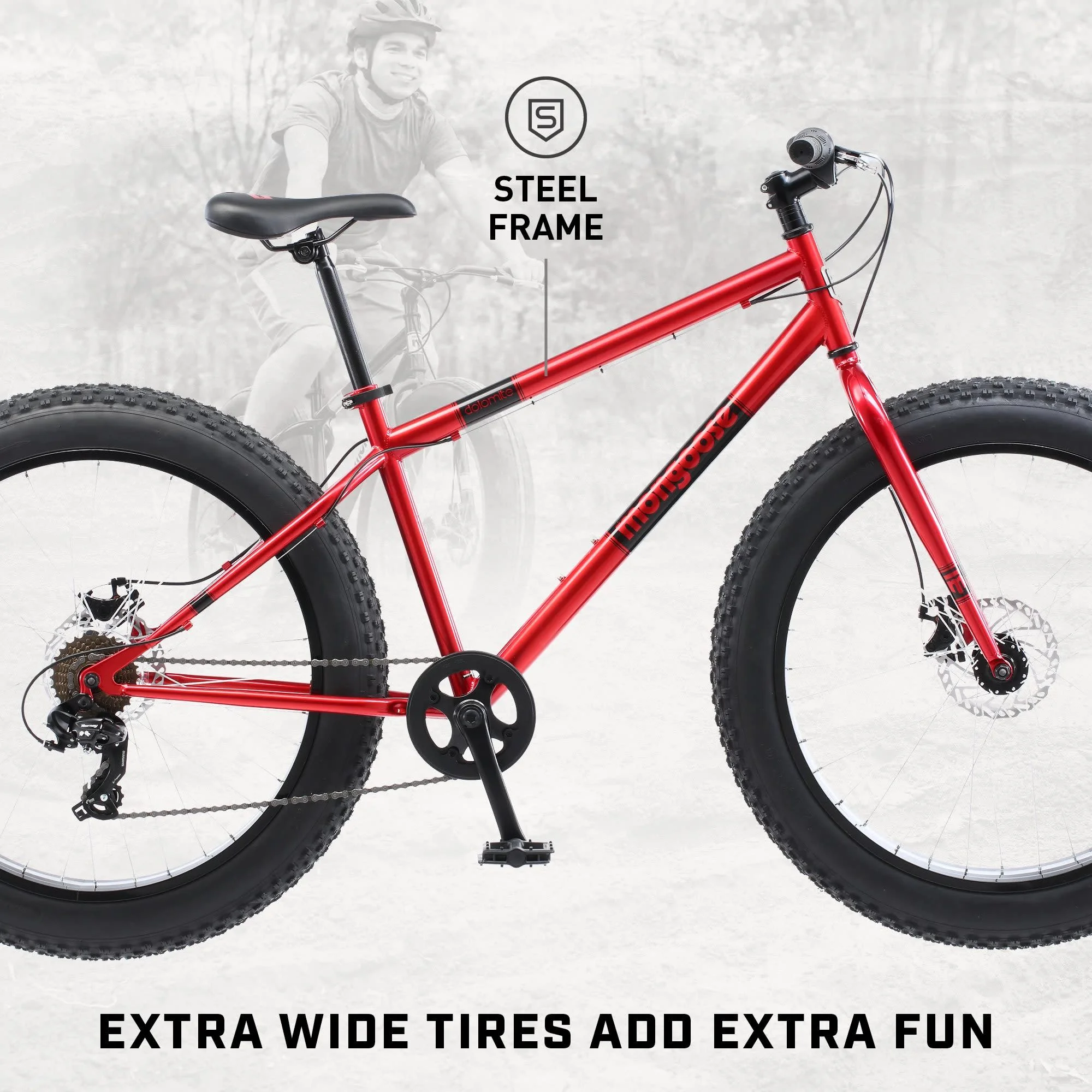 Mongoose Dolomite Adult Fat Tire Mountain Bike, 26 - Inch Wheel, Red