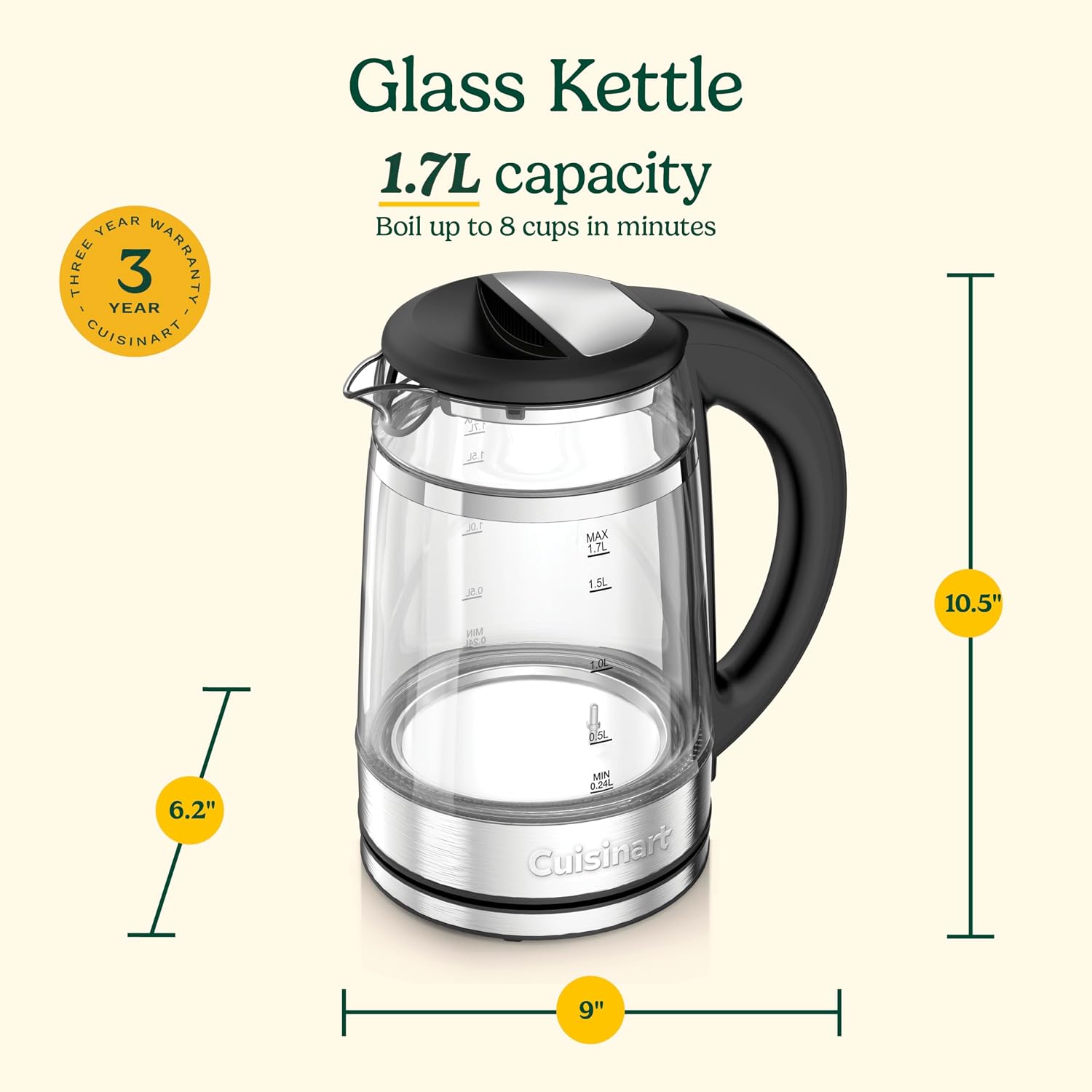 Cuisinart 1.7L Glass Variable Temperature Control Electric Kettle 110 ° F–212 ° F with Touchscreen Controls, Illumination, Dual-Layer Cool-Touch Design & Nondrip Spout