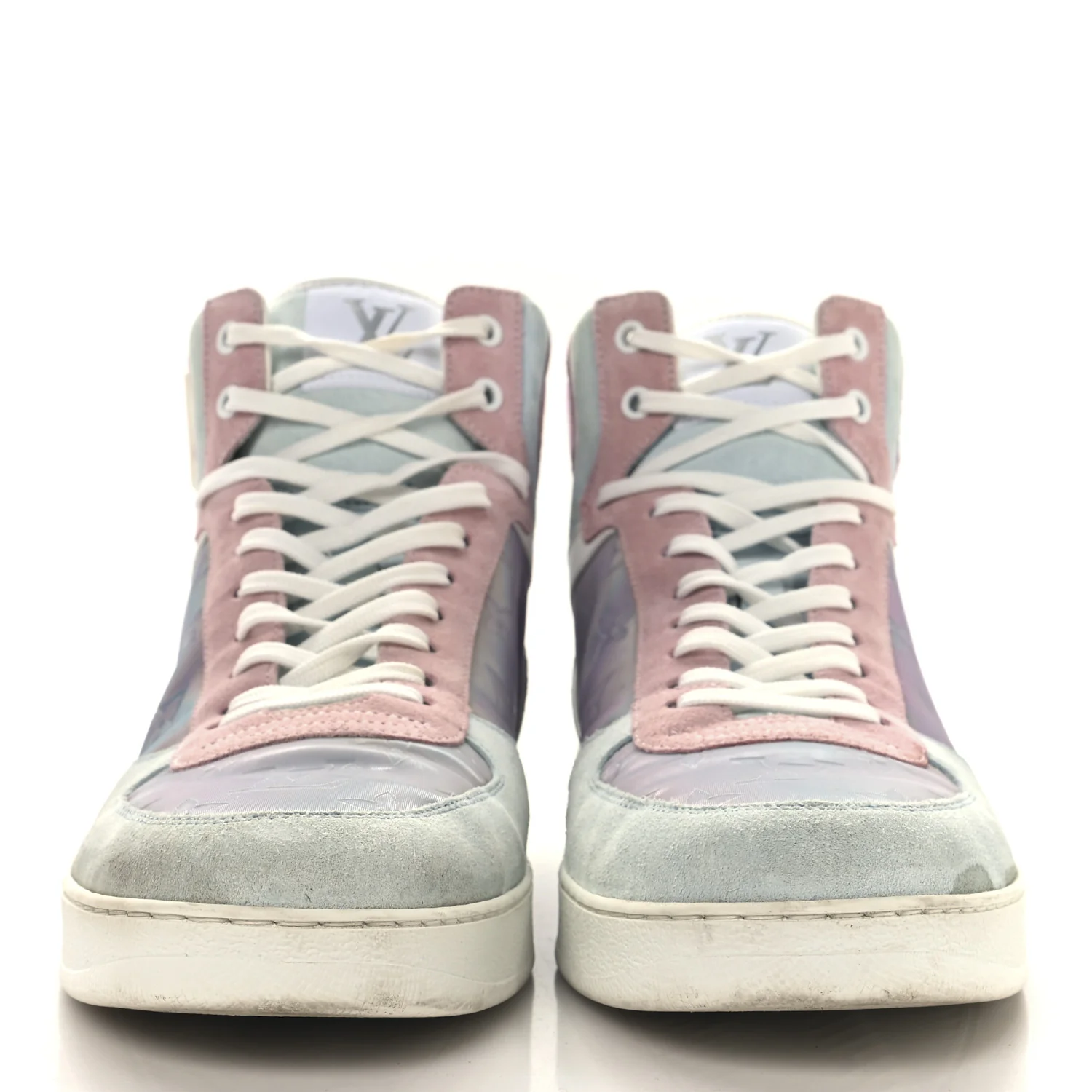 Calfskin Suede Monogram Mens Rivoli High Top Sneakers 10 White Multicolor