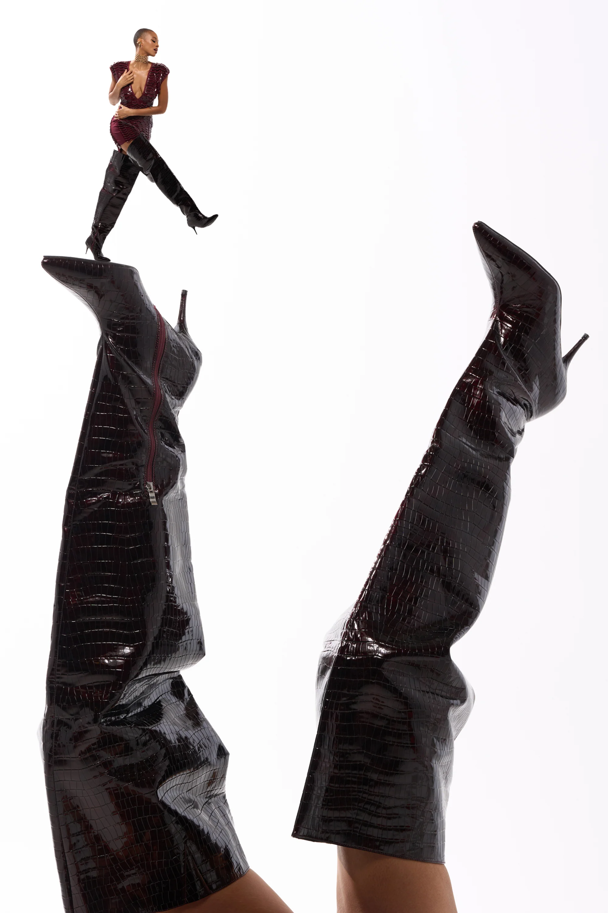 AZALEA WANG HALINA BURGUNDY CROC STILETTO BOOT - Akira Store