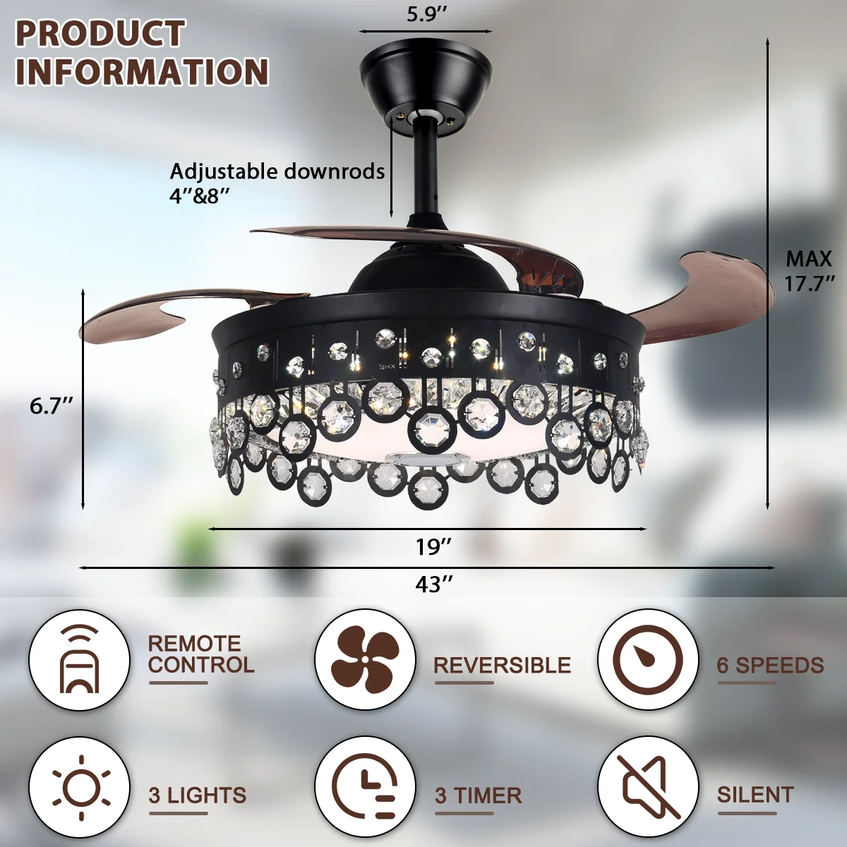 AFANQI 42" Black Modern Fandelier Ceiling Fan with Light Remote, Retractable Bluetooth Ceiling Fan with 7 Colors Silent Motor Crystal Chandelier