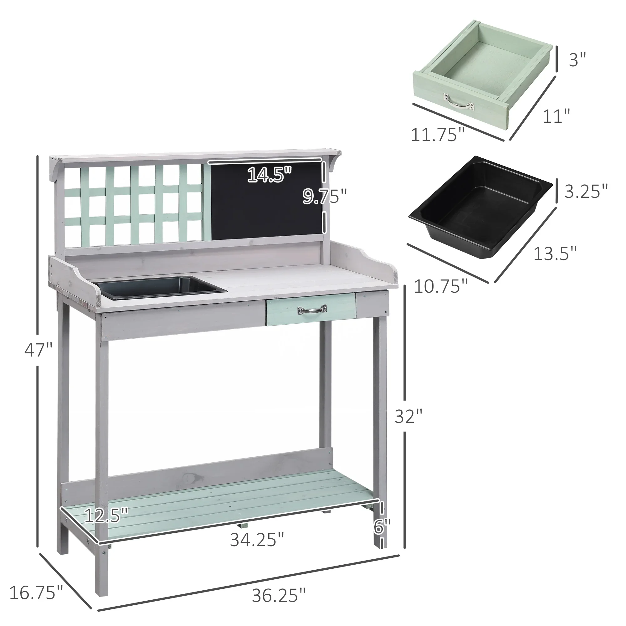 Outdoor Wooden Potting Bench Table with Removable Sink, Garden Work Station with Chalkboard, Drawer, Open Shelf Storage, Light Gray