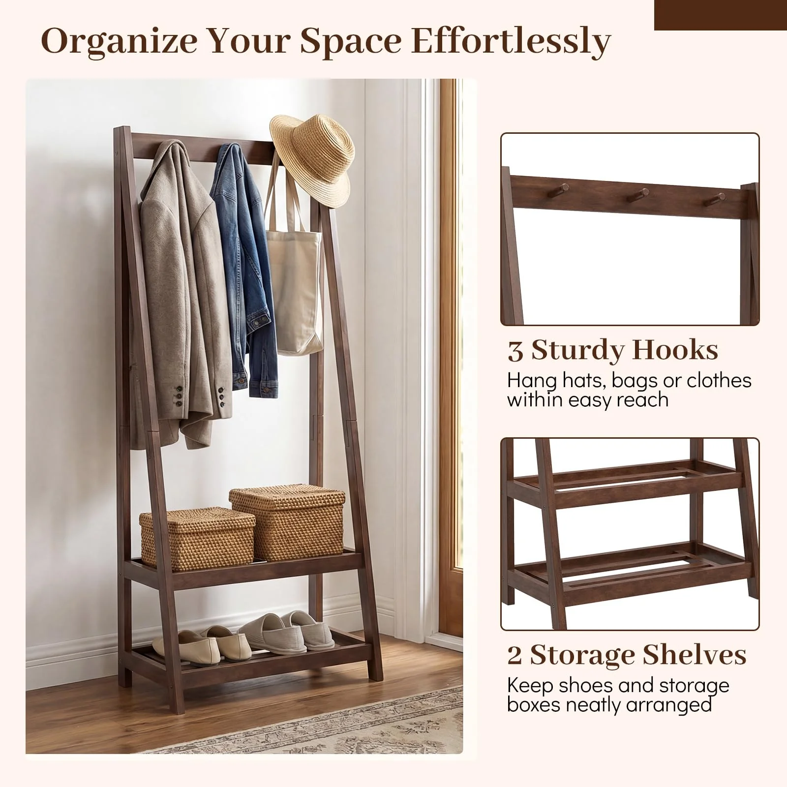 Tangkula Freestanding Rubber Wood Garment Rack with 3 Hooks and 2 Shelves