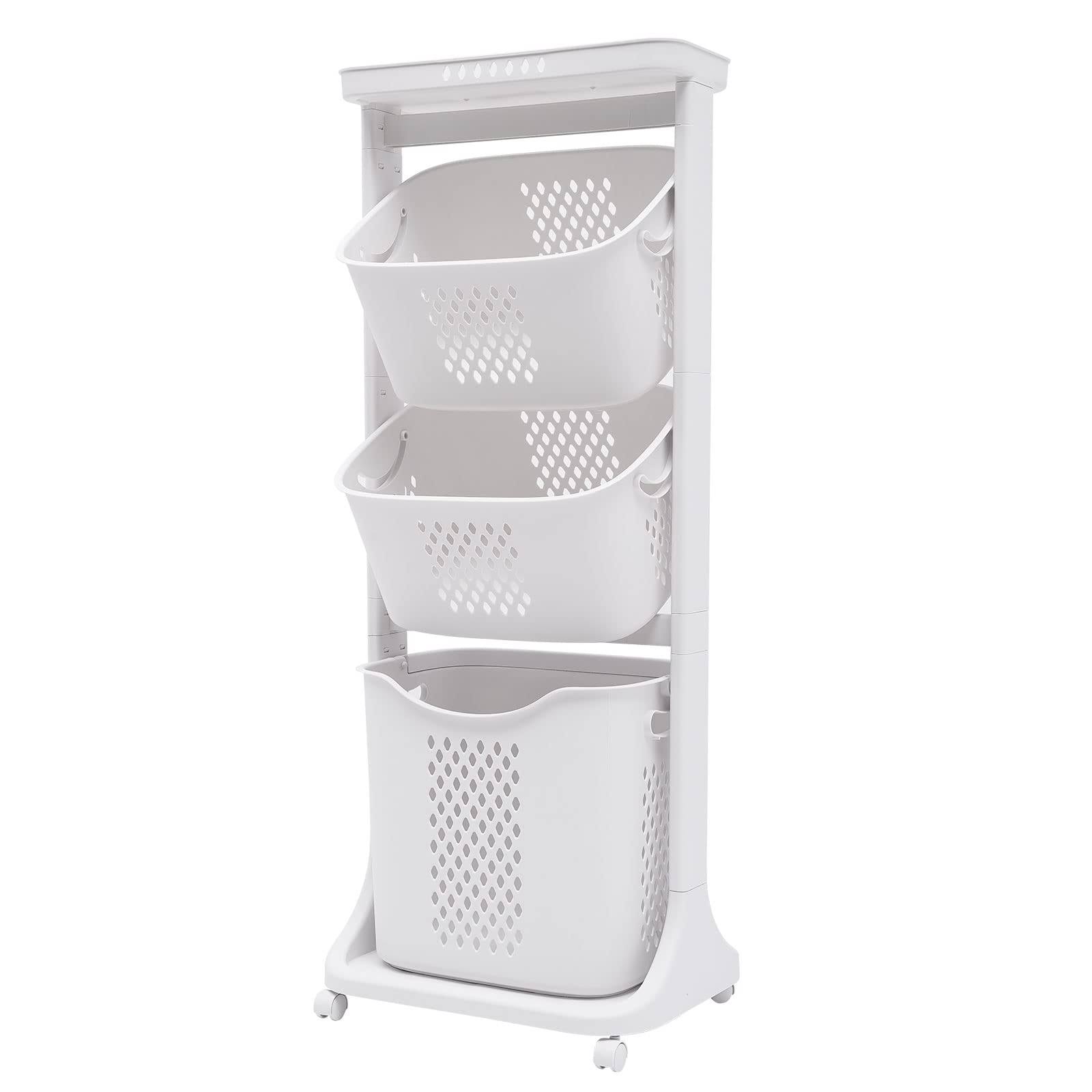 Bazargame 3 Layer Laundry Hamper Basket Sorter Wash Clothes Storage Organizer Rolling Cart with Pulleys, used in The Bathroom Bedroom to Store Dirty Clothes