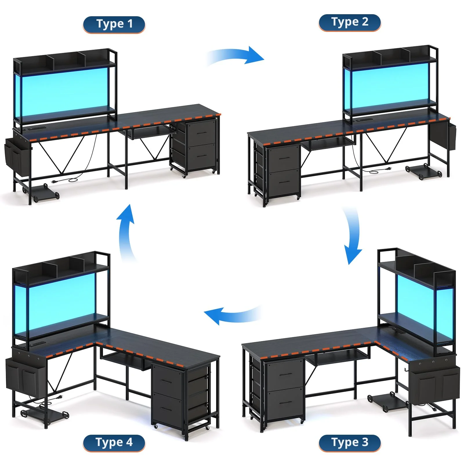 L Shaped Computer Desk with Power Outlet and LED Strip, Reversible Corner Gaming Desk with 2 Drawer and Keyboard Tray, Black - Image 8